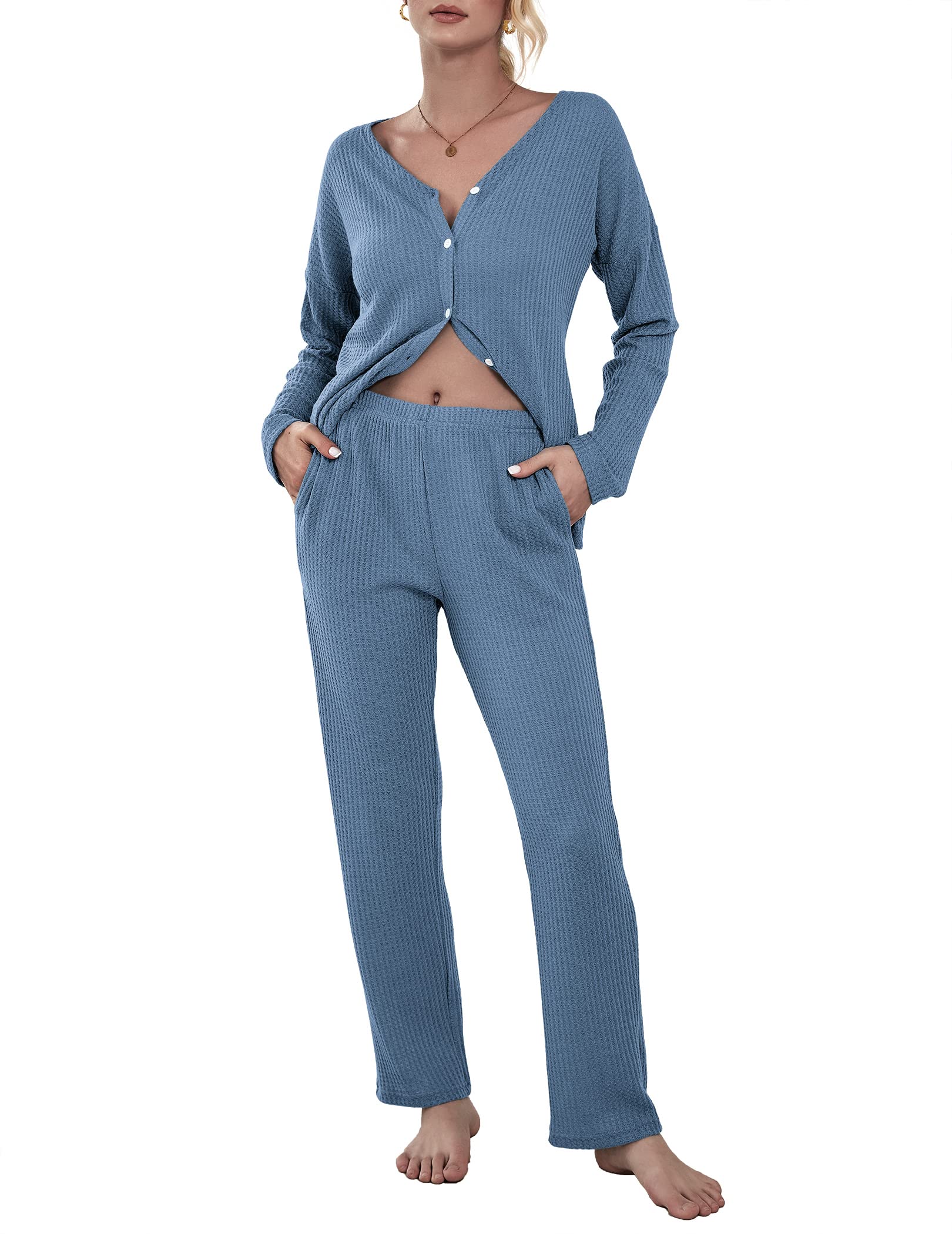 Ekouaer Women's Waffle Knit Pajama Set - Soft Button Down Sleepwear & Loungewear with Pockets | Cozy Two-Piece Pjs for Nighttime Comfort & Relaxation at Home