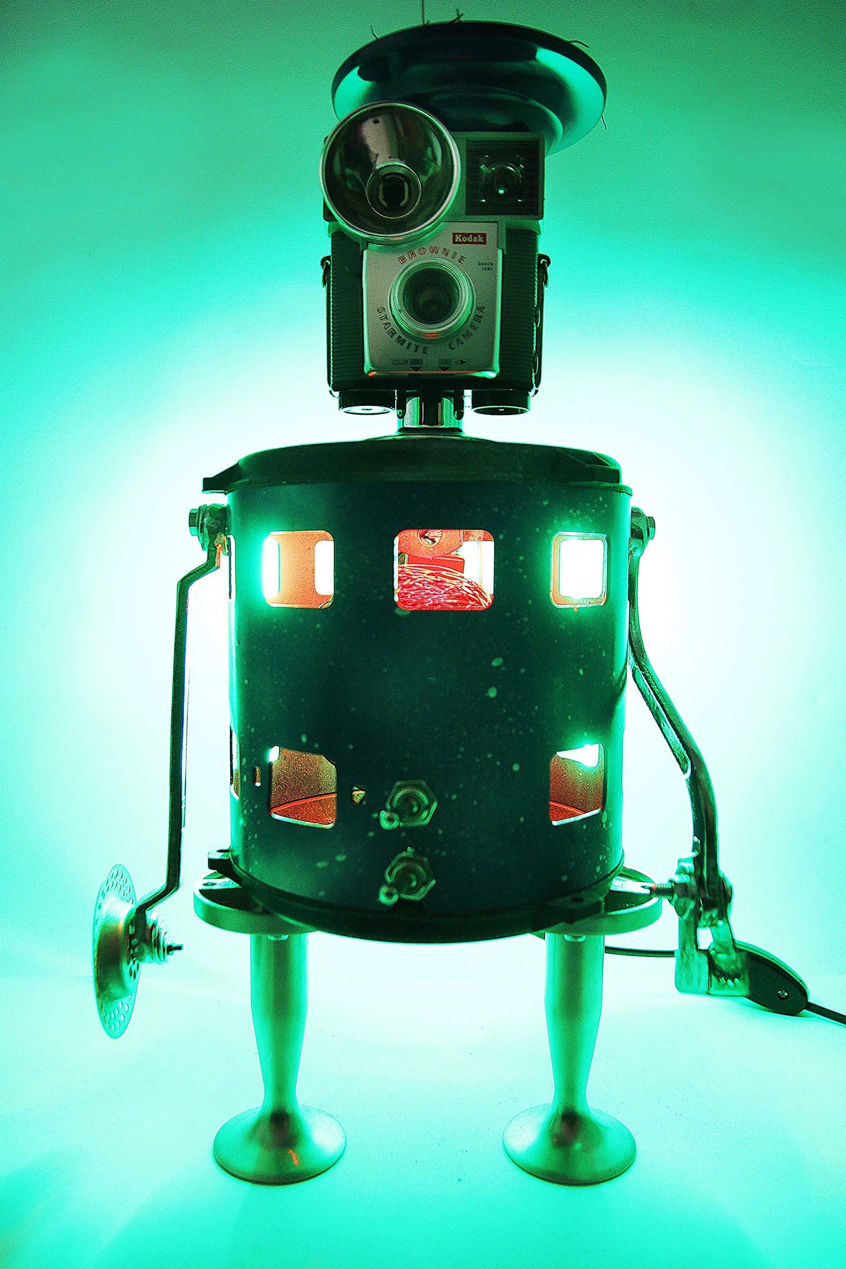 Steampunk Robot Sculpture Lamp - Unique Found Object Art with Night Light, Made from Recycled Materials - Perfect for Home Decor, Office Desk & Gift Ideas