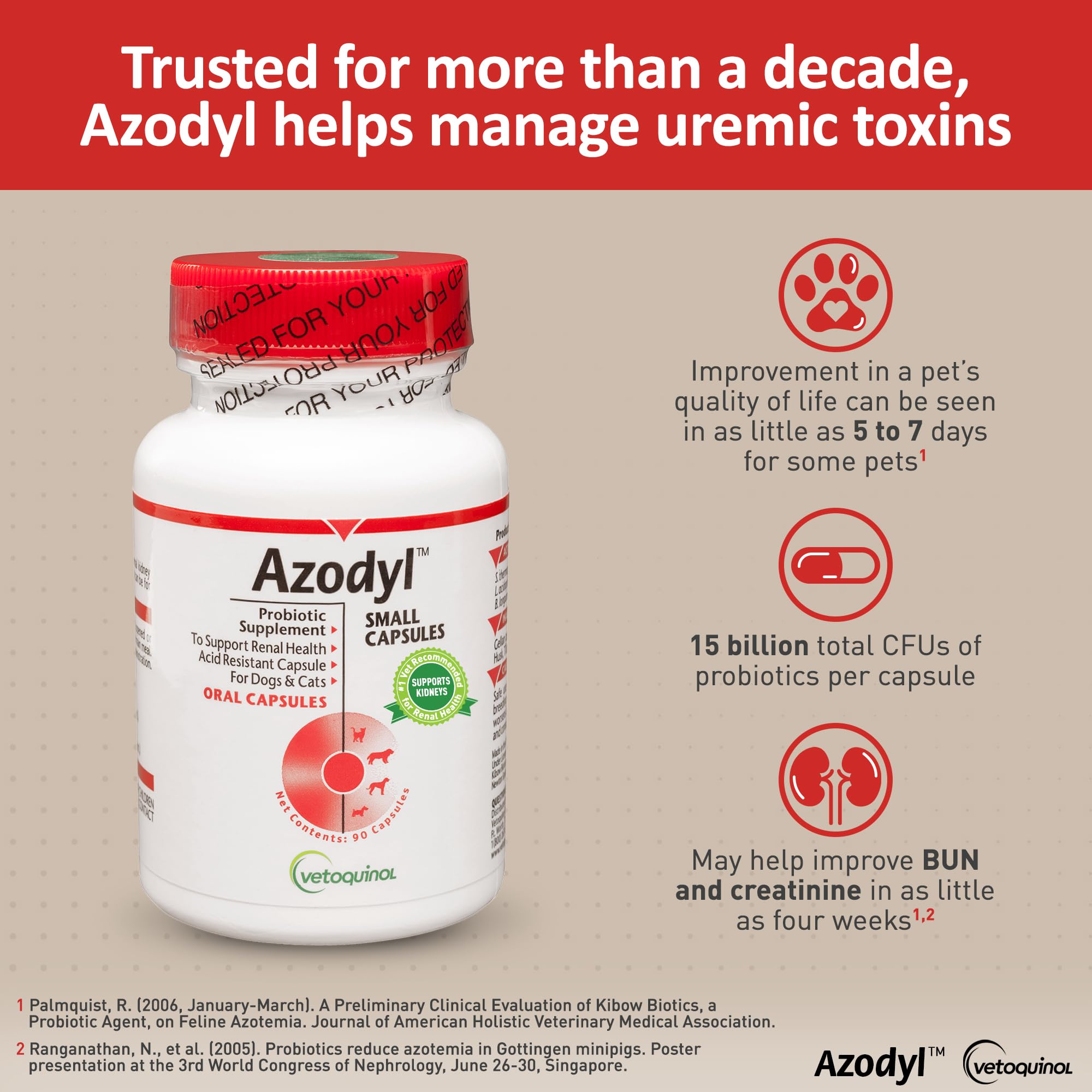 Vetoquinol Azodyl Kidney Health Supplement for Dogs & Cats - 90 Count Probiotic Capsules | Supports Kidney Function & Renal Toxin Management | Easy-to-Swallow Small Caps for Pet Wellbeing | Ideal for Senior Pets & Animals with Kidney Issues