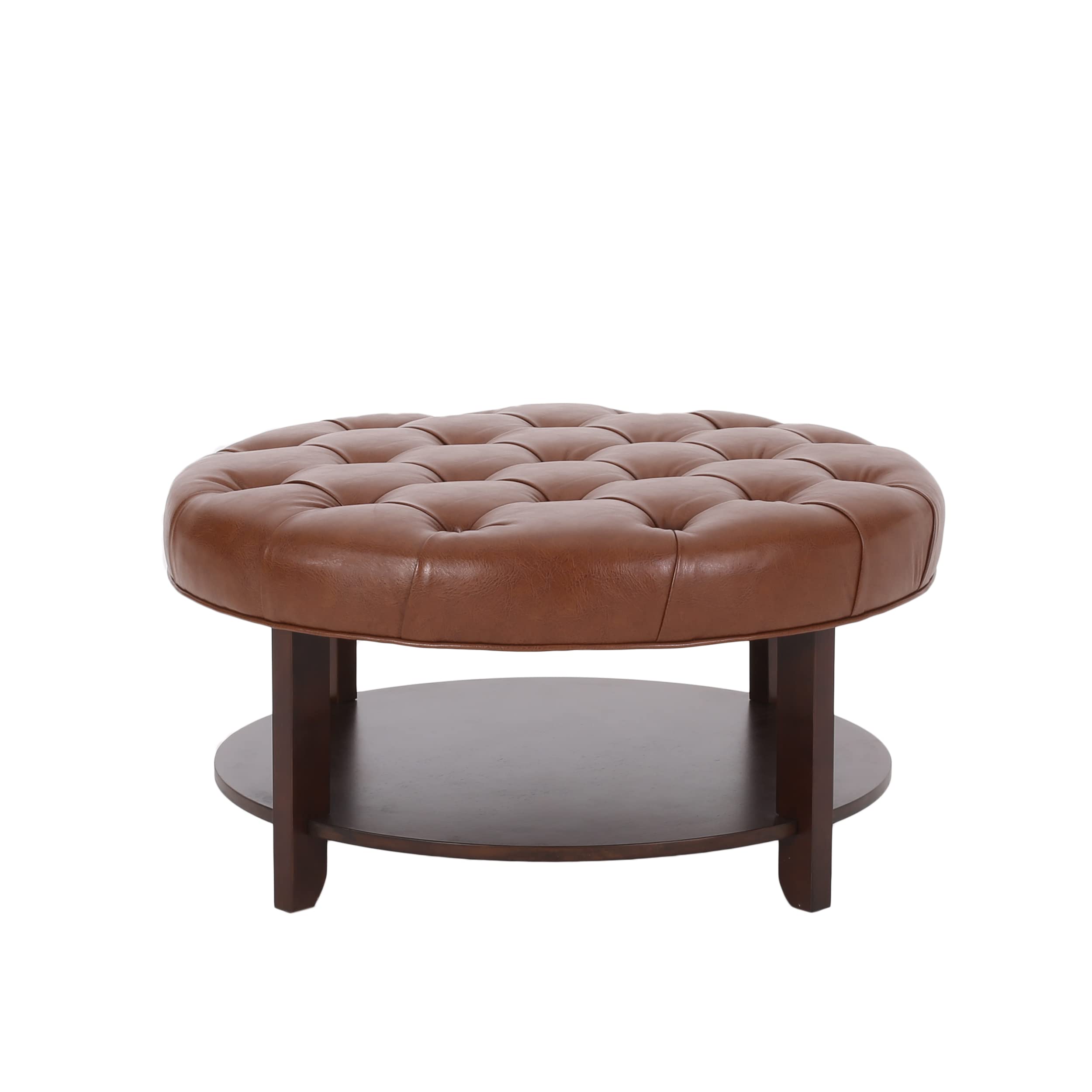 Christopher Knight Home Rumbrook Tufted Round Ottoman with Storage Shelf - Faux Leather Footrest Stool - Cognac Brown/Espresso - Perfect for Living Room, Bedroom & Home Office