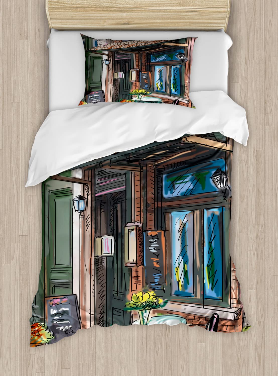 Ambesonne Paris Cafe Street Duvet Cover Set - Twin Size 2-Pack with 2 Pillowcases, Vibrant Multicolor Cartoon Illustration for Summer & Holiday Bedding | Perfect for Guest Rooms, Vacation Homes & Themed Bedroom Decor