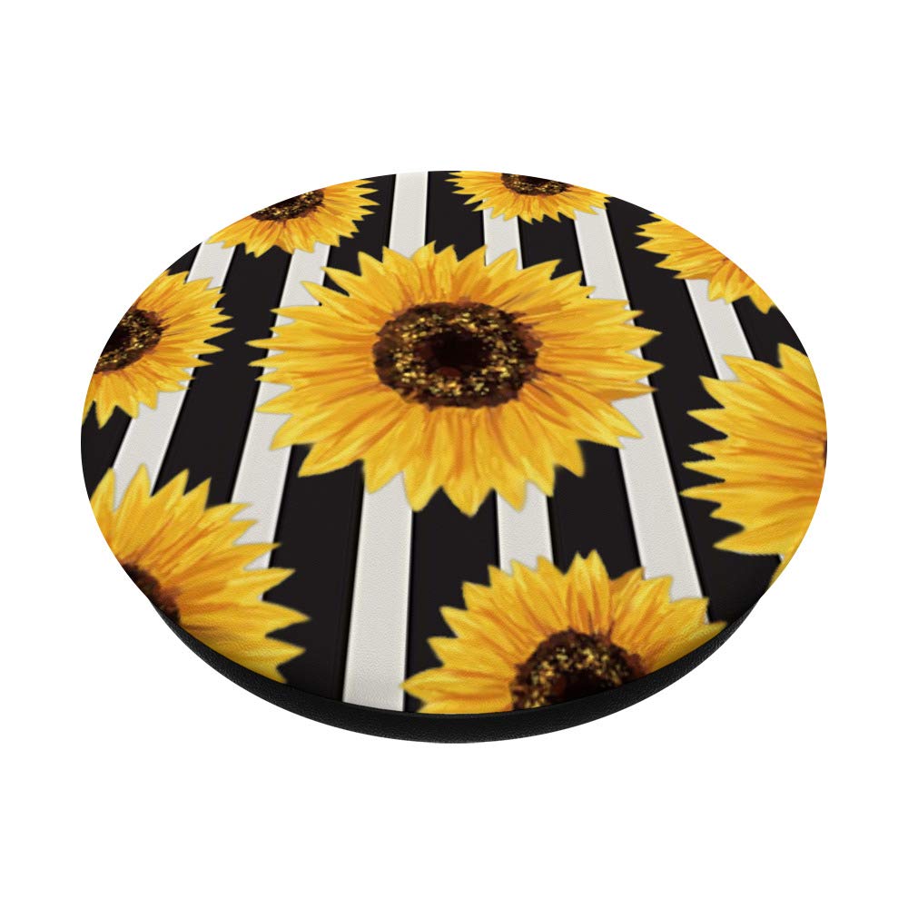 Sunflower Stripes Floral Print Black Cream PopSockets PopGrip - Swappable Phone & Tablet Grip for Enhanced Comfort and Style, Perfect for Everyday Use and Travel