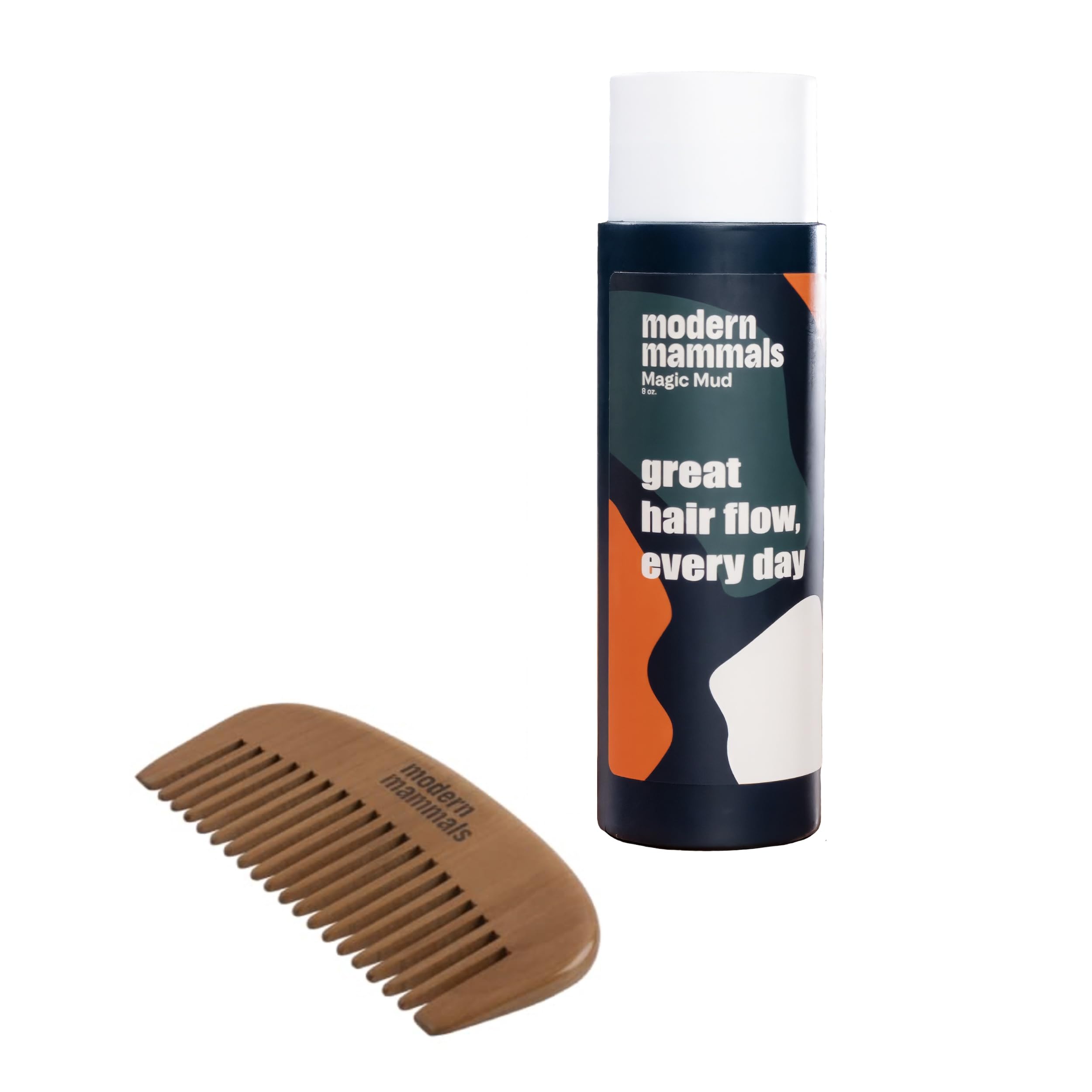 Modern Mammals Magic Mud Men's 2-in-1 Shampoo & Conditioner - Lather-Free Daily Cowash (8 oz) with Wooden Wide-Tooth Comb for Curly Hair & Beard Care | Gentle Cleansing for Men with Sensitive Scalp