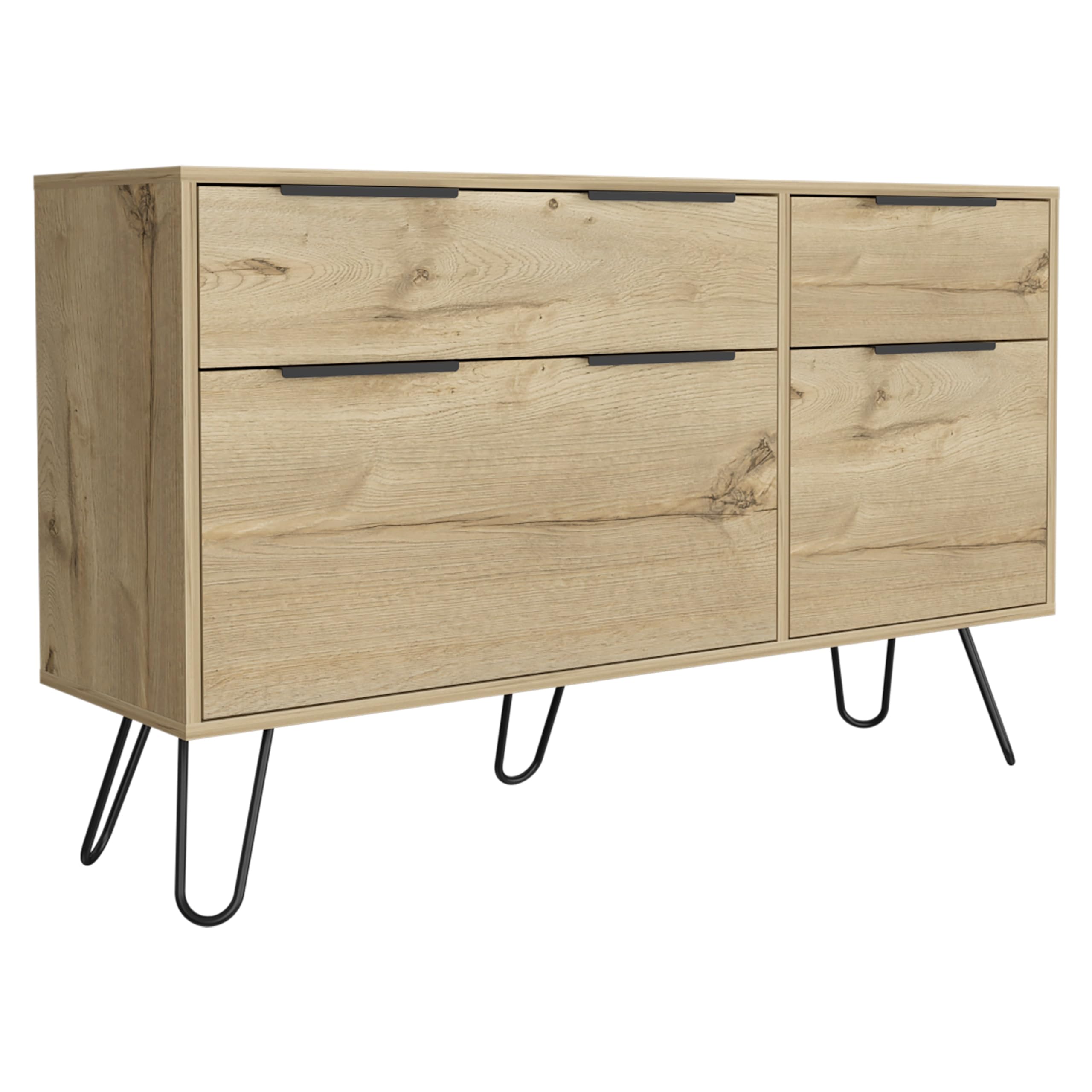Tuhome Augusta Double Dresser with Superior Top & Hairpin Legs - 4 Drawers, Light Oak Finish for Bedroom & Living Room Storage