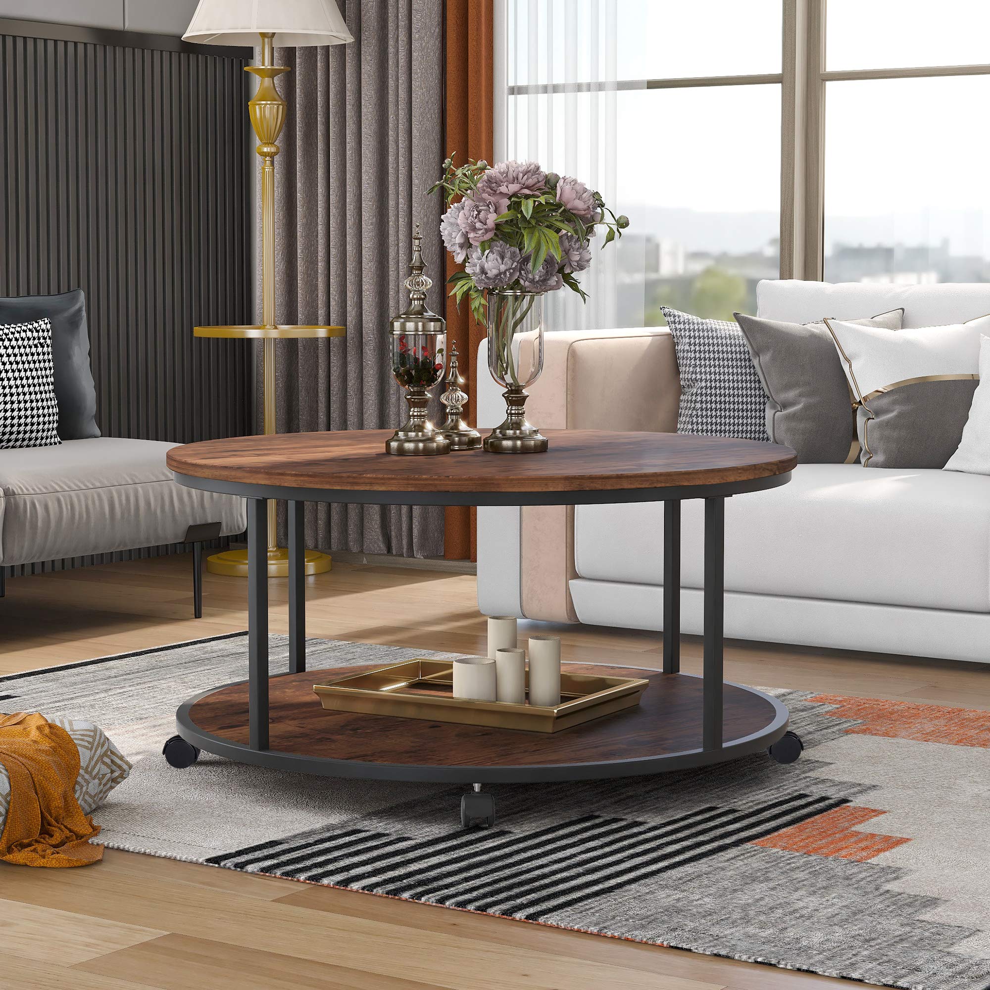 Round Coffee Table with Caster Wheels - Wood Textured Surface Living Room Furniture - Perfect for Small Spaces, Apartments & Modern Home Decor