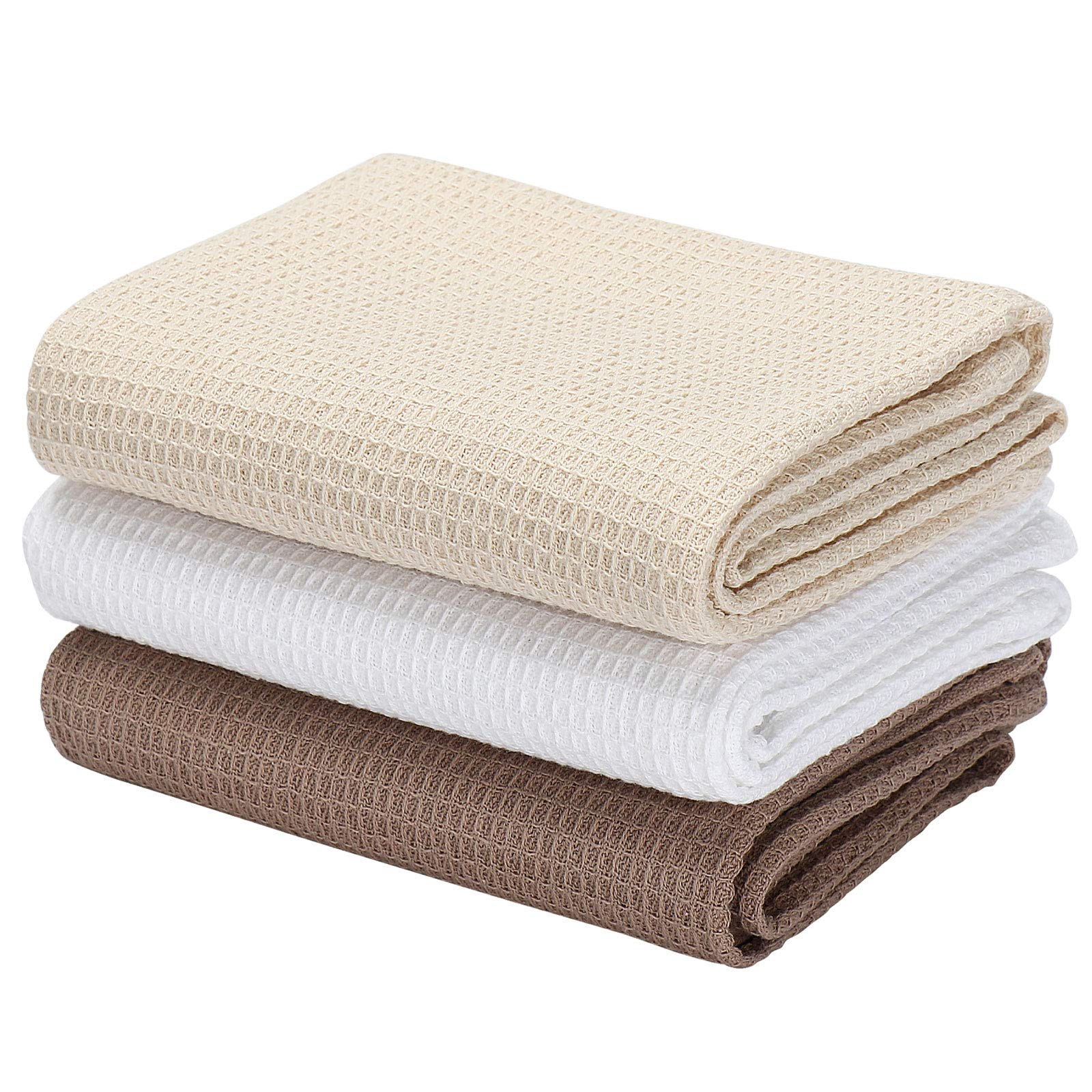 Premium Cotton Waffle Weave Dish Towels Set of 3 - Ultra Soft & Absorbent Kitchen Hand Towels, Large Size (Beige) - Perfect for Washing Dishes, Drying Hands & Kitchen Cleaning