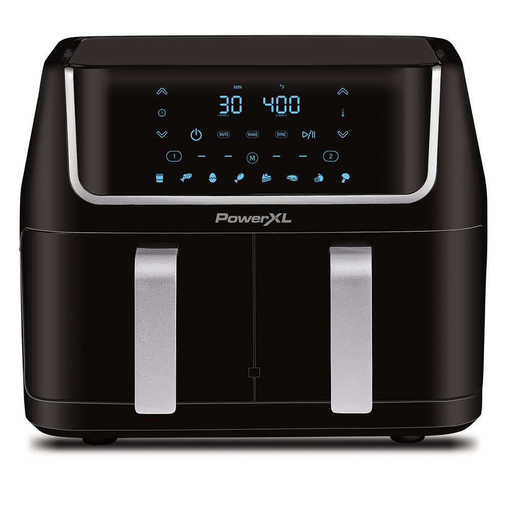 PowerXL Vortex 10-Quart Dual Basket Air Fryer - 7-in-1 Electric Air Fryer with 2 Baskets or 1 Extra-Large Capacity, SmartSync Technology, Shake Reminder - Perfect for Family Meals, Healthy Cooking & Fast Food Prep (10 QT, Black)