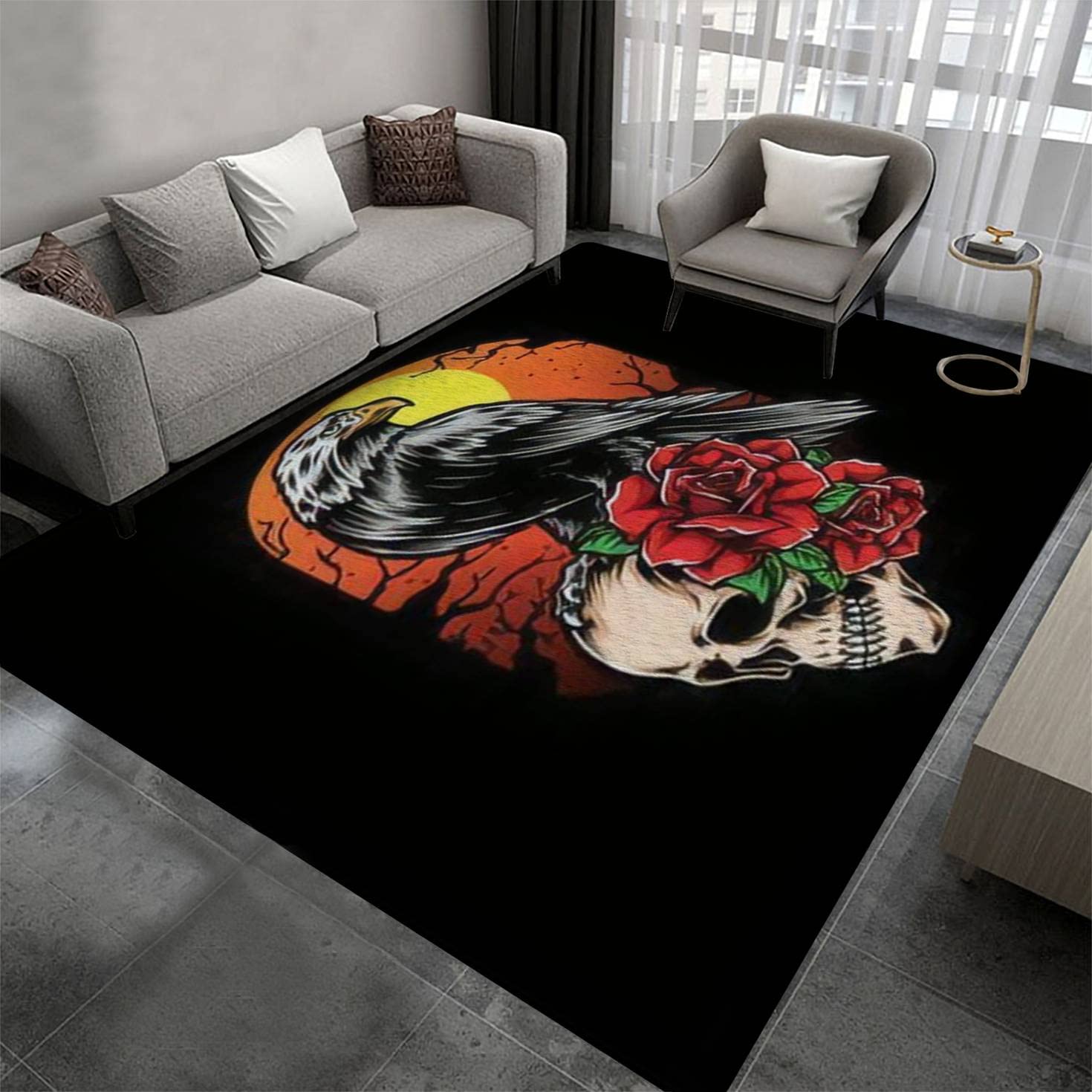 Crow and Skull Print Non-Slip Soft Fluffy Shaggy Area Rug - Indoor/Outdoor Floor Mat for Living Room, Nursery, Yoga Studio & Home Decor - Perfect as Throw Rug, Doormat or Carpet