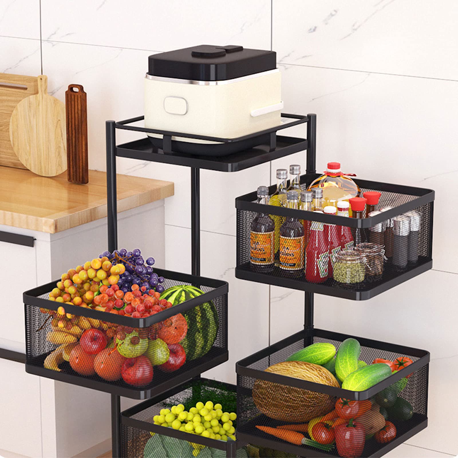 TFCFL 4-Tier Black Rolling Fruit Basket - Square Rotatable Stainless Steel Kitchen Organizer with Lockable Casters | Movable Storage Rack for Fruits, Vegetables & Snacks | Perfect for Kitchen, Pantry, Office, Bathroom & Bedroom Organization