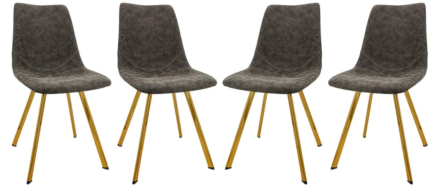 LeisureMod Markley Modern Leather Dining Chairs Set of 4 - Grey Upholstered Kitchen Chairs with Gold Metal Legs for Dining Room, Kitchen & Office