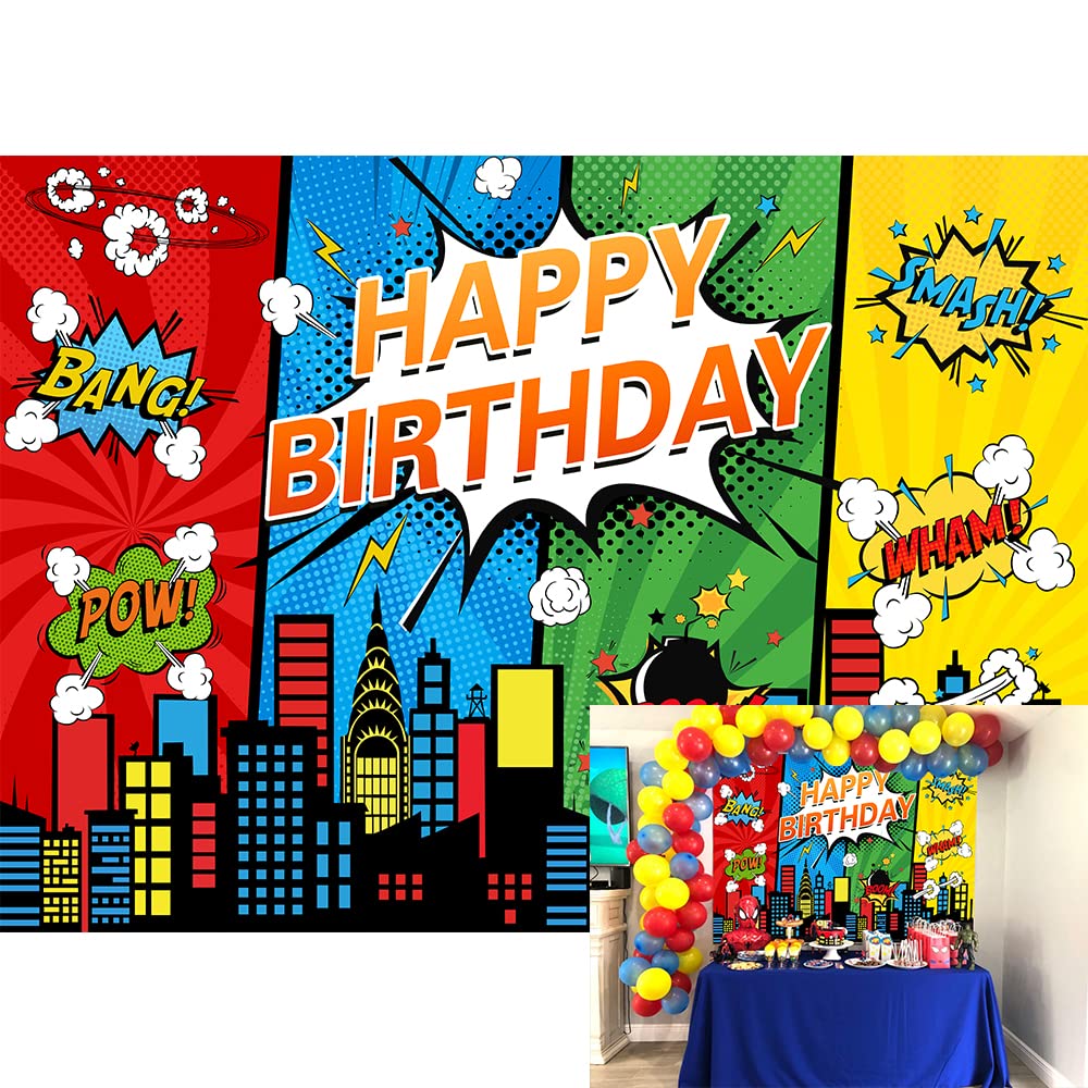 Superhero Cityscape Backdrop - 7x5ft Comic Style Background for Birthday Parties, Baby Showers, Cake Tables & Photo Booths | Perfect for Superhero-Themed Events, Kids' Celebrations & Comic Book Decorations