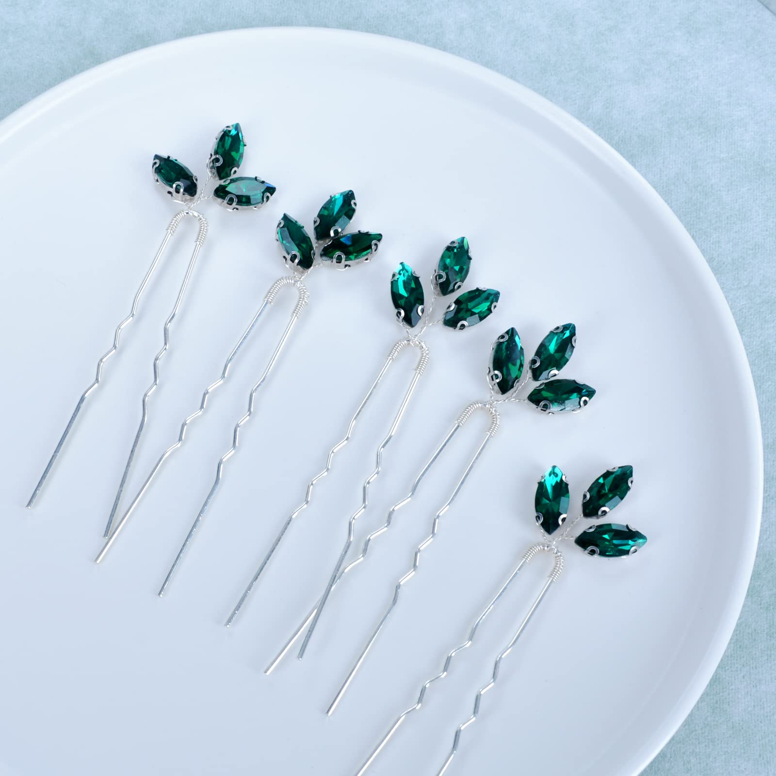 Crystal Hair Pins & Bobby Pins Set - 5 Pack Green Rhinestone Bridal Hair Accessories for Women & Girls | Wedding, Bridesmaid, Prom & Special Occasion Hairstyles