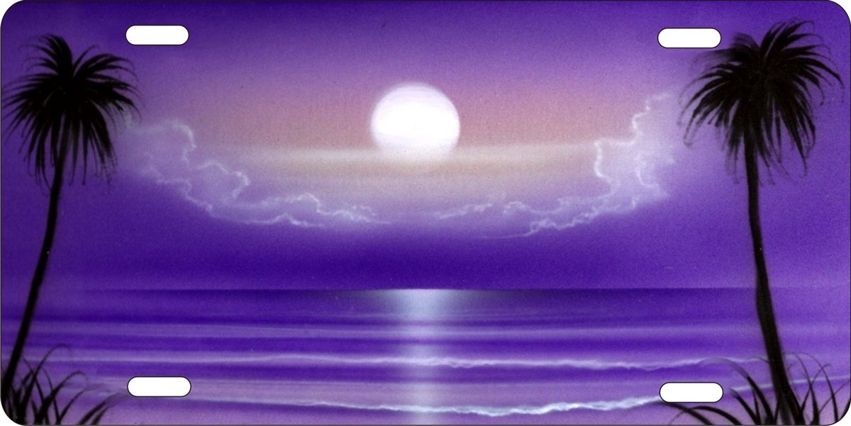 Custom Airbrushed Purple Beach Scene Novelty License Plate - Personalized Decorative Front Plate for Cars, Trucks & Motorcycles - Perfect for Beach Lovers & Coastal Decor
