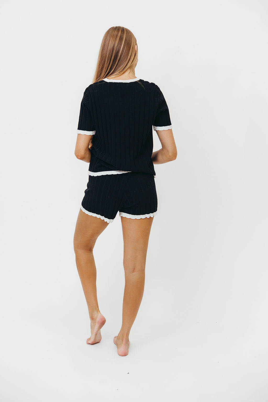 Renzo Contrast Sweater Short Sleeve Top and Shorts Set - Black & White Casual Outfit for Women | Perfect for Summer, Beach, and Streetwear Fashion