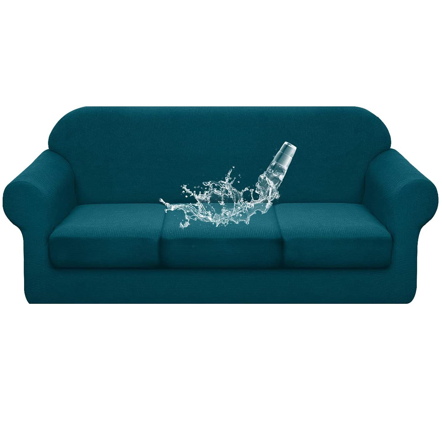 Waterproof 4-Seater Sofa Slipcover - Pure Color Couch Cover with 3 Seat Cushion Protectors | Furniture Protector for Living Room, Family Room & Office (Deep Water Blue)