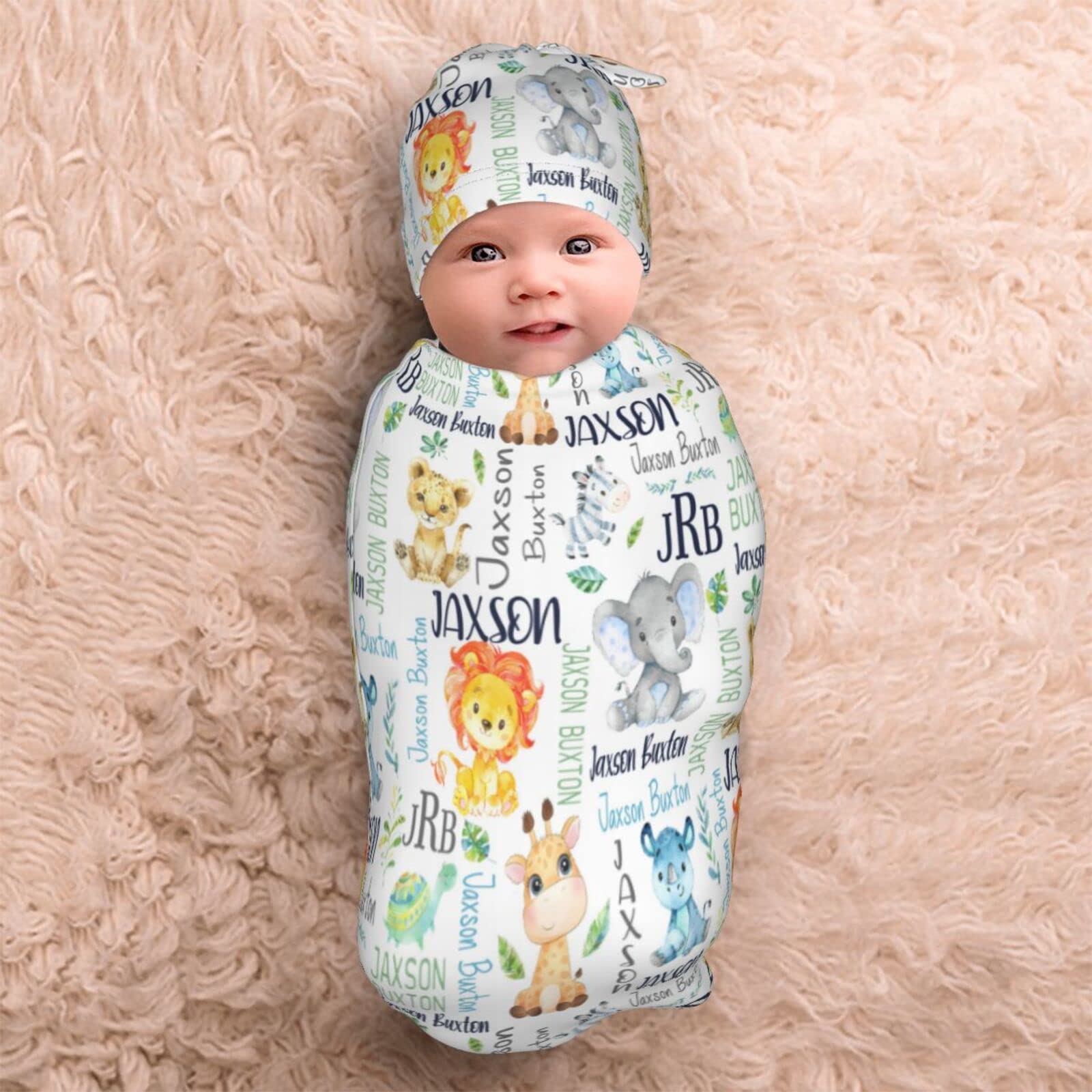 Personalized Baby Swaddle Blanket & Hat Set for Boys & Girls - Custom Name Embroidery - Newborn Photography, Christening Gift, Baby Shower Present