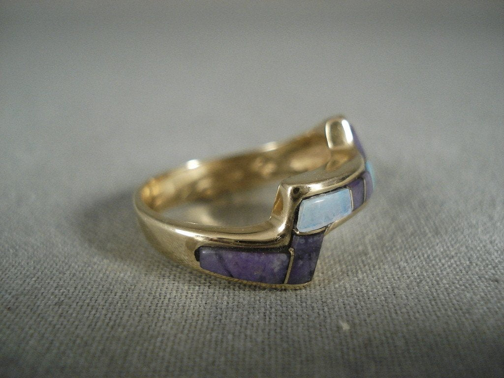14K Gold Vintage Navajo Native American Jewelry - Real Opal & Sugilite Ring - Handcrafted Old Southwest Style for Women - Perfect for Boho, Western & Festival Fashion