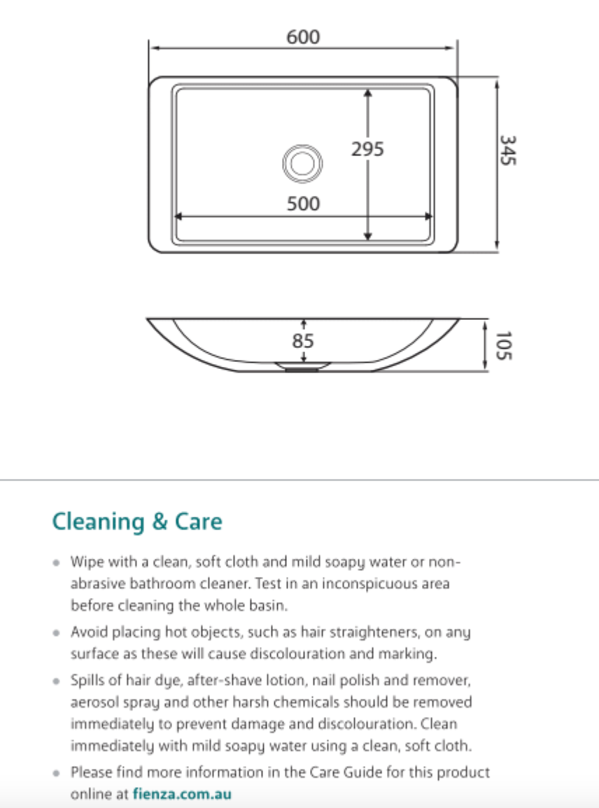 Fienza CSB03 600mm White Matte Solid Surface Bathroom Sink - Modern Above Counter Basin for Vanity, Powder Room & Guest Bathroom