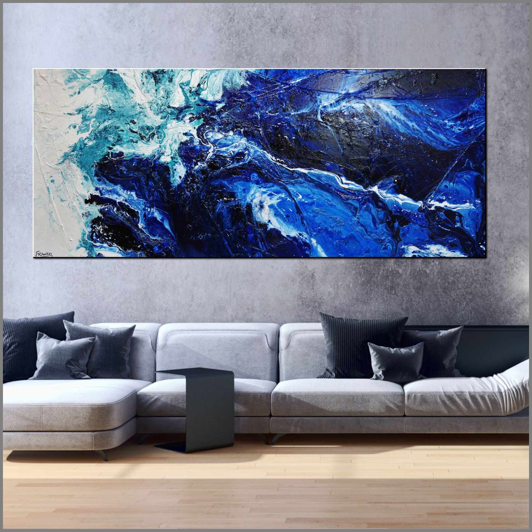 240cm x 100cm Blue and White Textured Abstract Wall Art Painting - Modern Nordic Home Decor for Living Room, Bedroom & Office