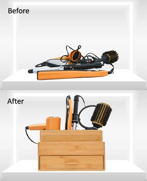 Bamboo Hair Tool Organizer - Styling Holder & Vanity Caddy for Blow Dryer, Accessories, Makeup & Toiletries | Bathroom Countertop Storage Stand for Hair Styling & Beauty Essentials