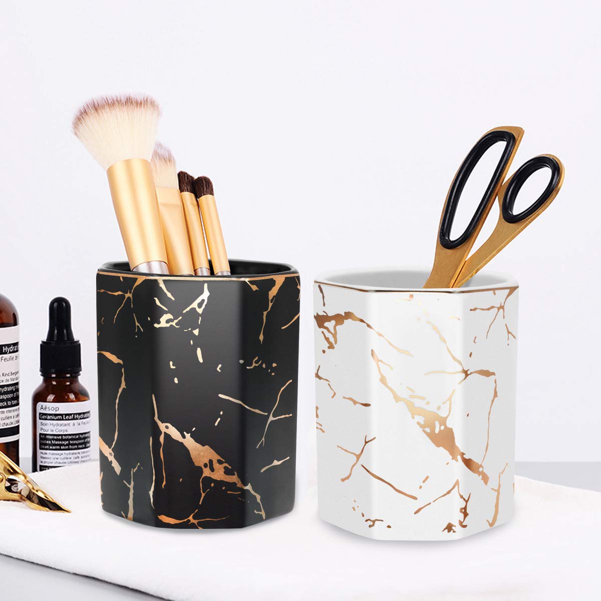 WAVEYU Marble Pattern Ceramic Makeup Brush & Pen Holder - Large Capacity Desk Organizer for Home, Office, Kids Room | Durable Pencil Cup for Cosmetics, Stationery, Art Supplies (White)
