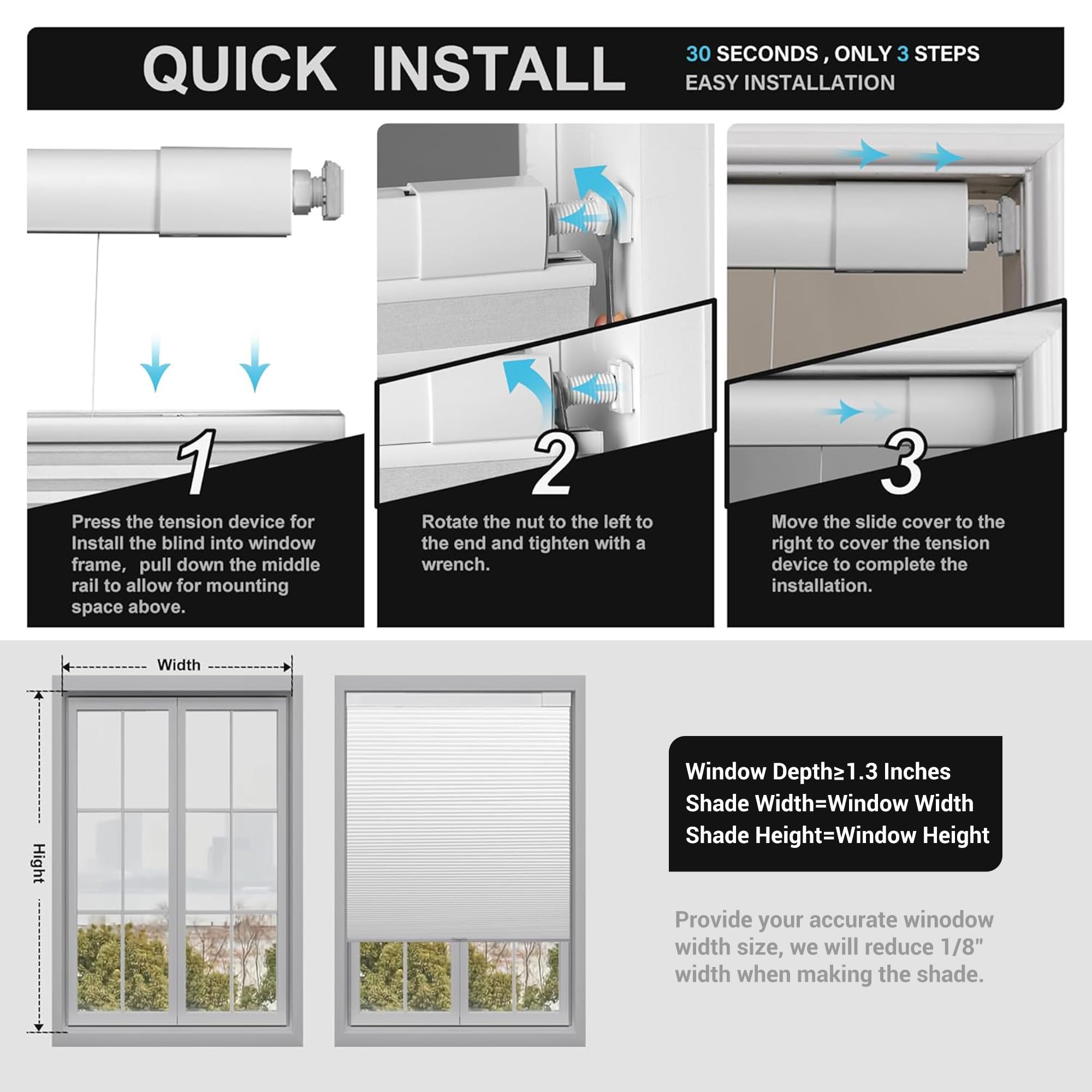 Boolegon No Drill No Tools Cellular Shades - Top Down Bottom Up Honeycomb Blinds, Blackout Cordless Window Coverings - Easy Install for Home & Office, Custom Size (Blackout-White) - Perfect for Bedrooms, Living Rooms & Home Theaters
