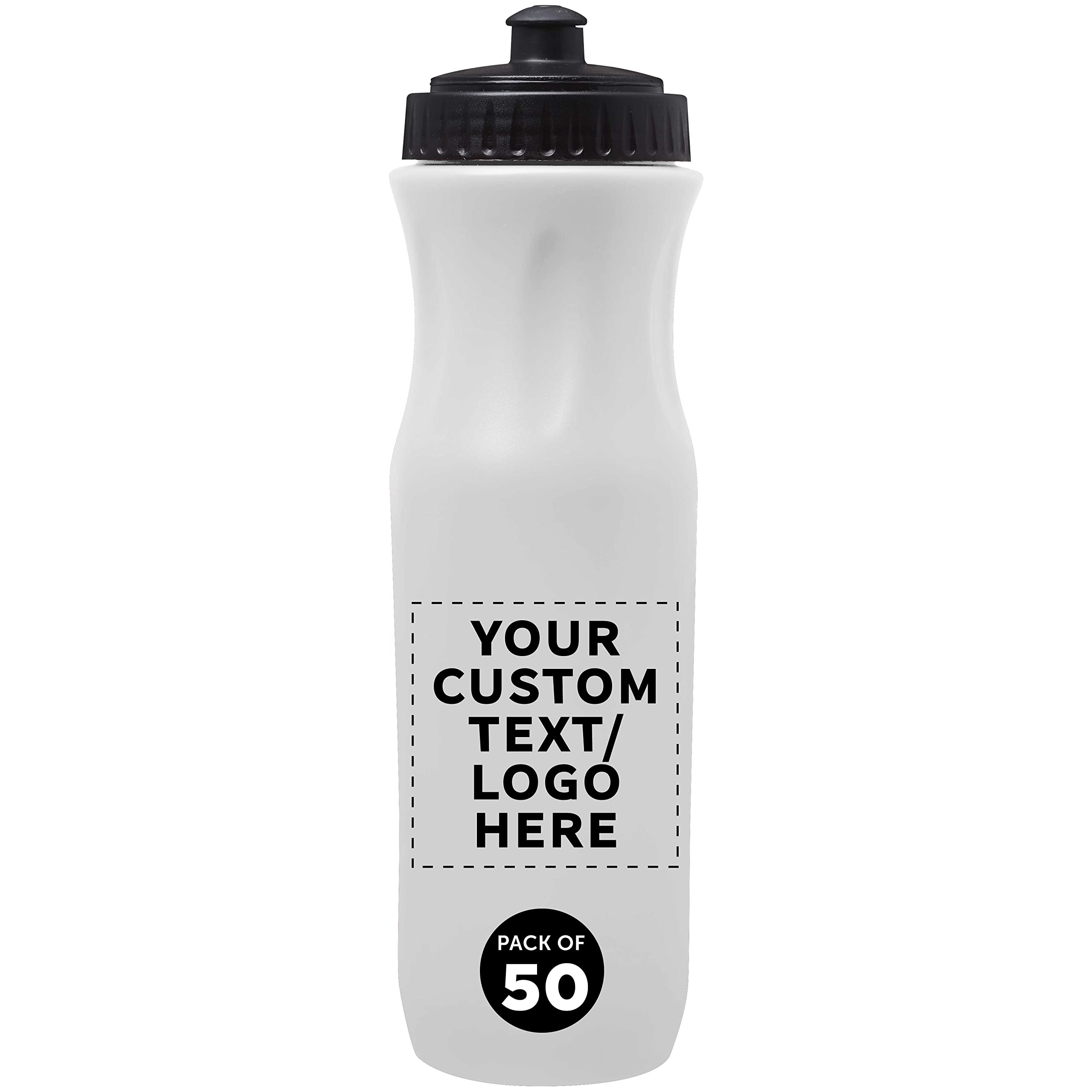 50 Pack 26oz Customizable Plastic Water Bottles with Black Push Top Lid - Bulk White Water Bottles for Sports, Gym, School & Office - Personalized Text & Logo Printing Available