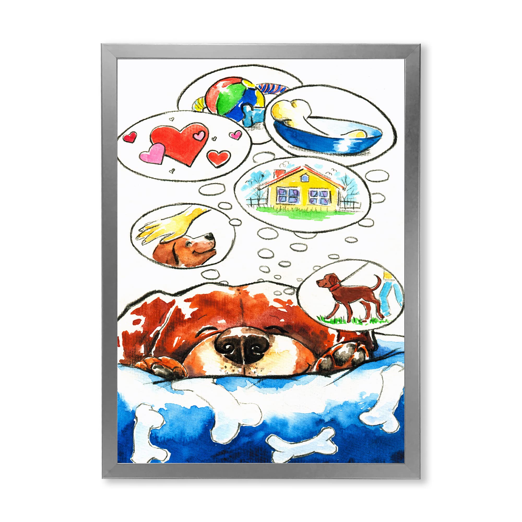 DesignQ Dog Dreams Framed Wall Art for Kids - Colorful Animal Painting for Nursery, Bedroom & Playroom Decor
