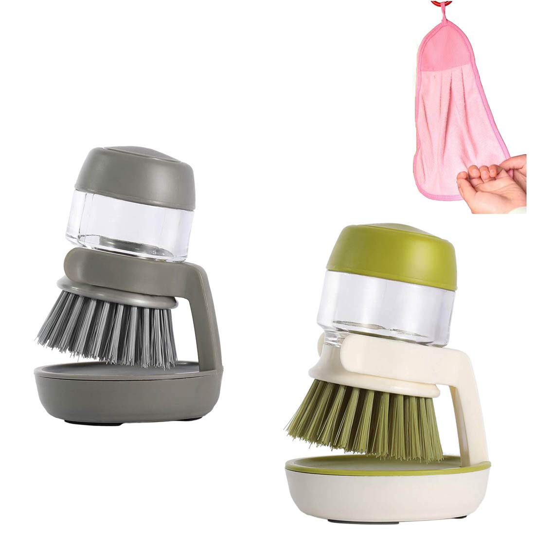 Eco-Friendly Palm Soap Dispensing Dish Brush Set of 2 (Green & Gray) - Handheld Kitchen Scrubber with Sturdy Nylon Bristles for Pots, Pans & Sink Cleaning - Perfect for Daily Dishwashing & Tough Grease Removal