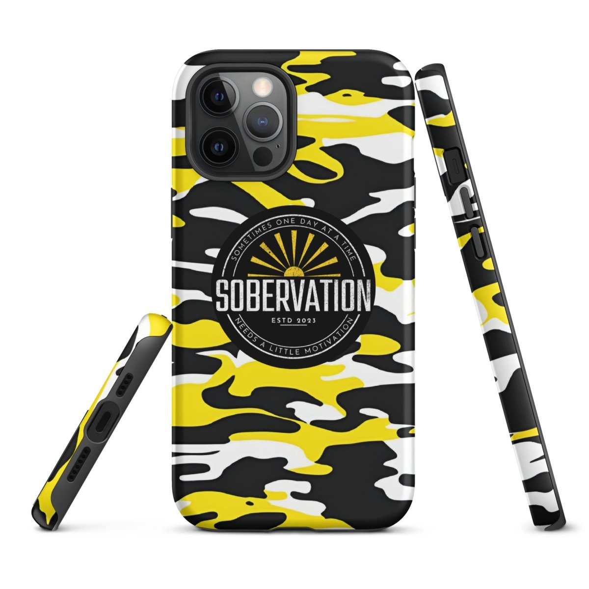 Sobervation Yellow Camo iPhone Case - Durable Shockproof Protective Cover for iPhone 14/13/12/11 Pro Max XR XS - Perfect for Outdoor Adventures, Hiking & Travel