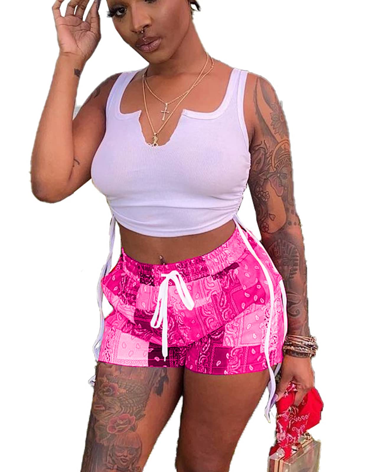 Acelyn Women's Sexy 2-Piece Short Sets - Summer Crop Tank Top & Patchwork Shorts Outfit | Casual Beachwear & Lounge Wear for Summer Vacation
