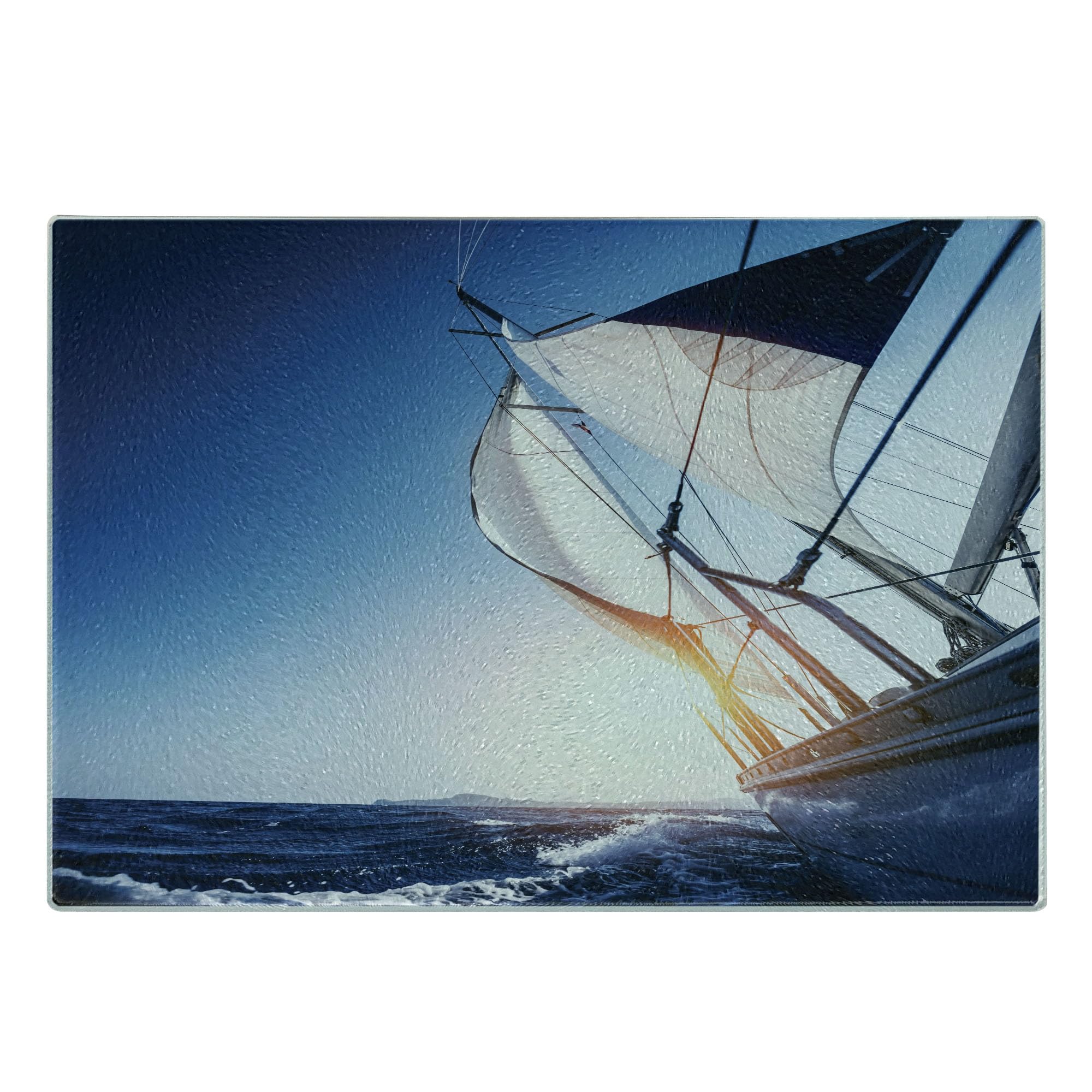 Ambesonne Sailboat Tempered Glass Cutting Board - Summer Adventure Sunset Print - Small White & Dark Blue Decorative Serving Board for Kitchen, Dining, and Party Use