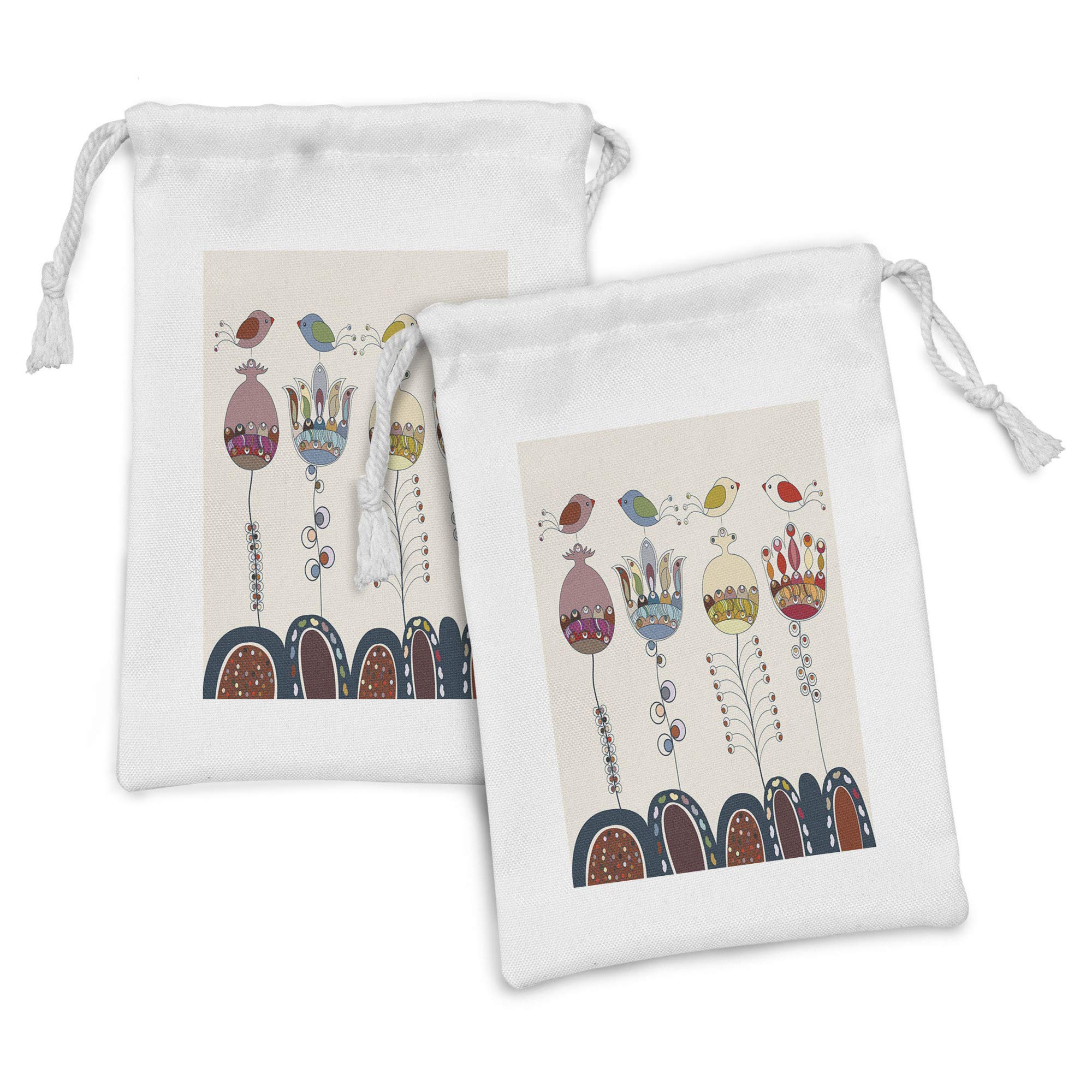 Ambesonne 2-Pack Fabric Drawstring Pouches - Colorful Cartoon Landscape with Flowers, Birds & Abstract Designs (9