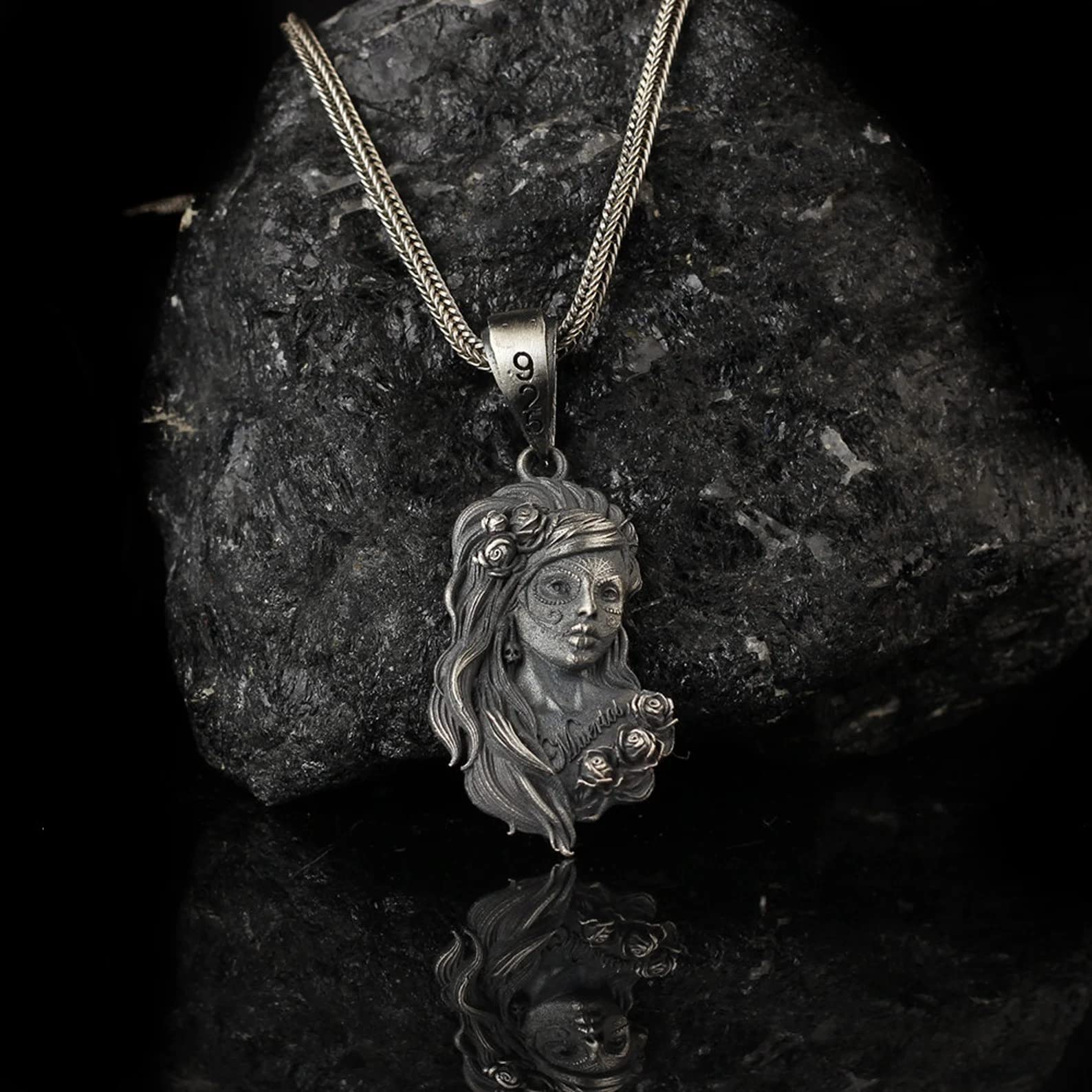 Santa Muerte Necklace - Sterling Silver Grim Reaper Pendant with 24