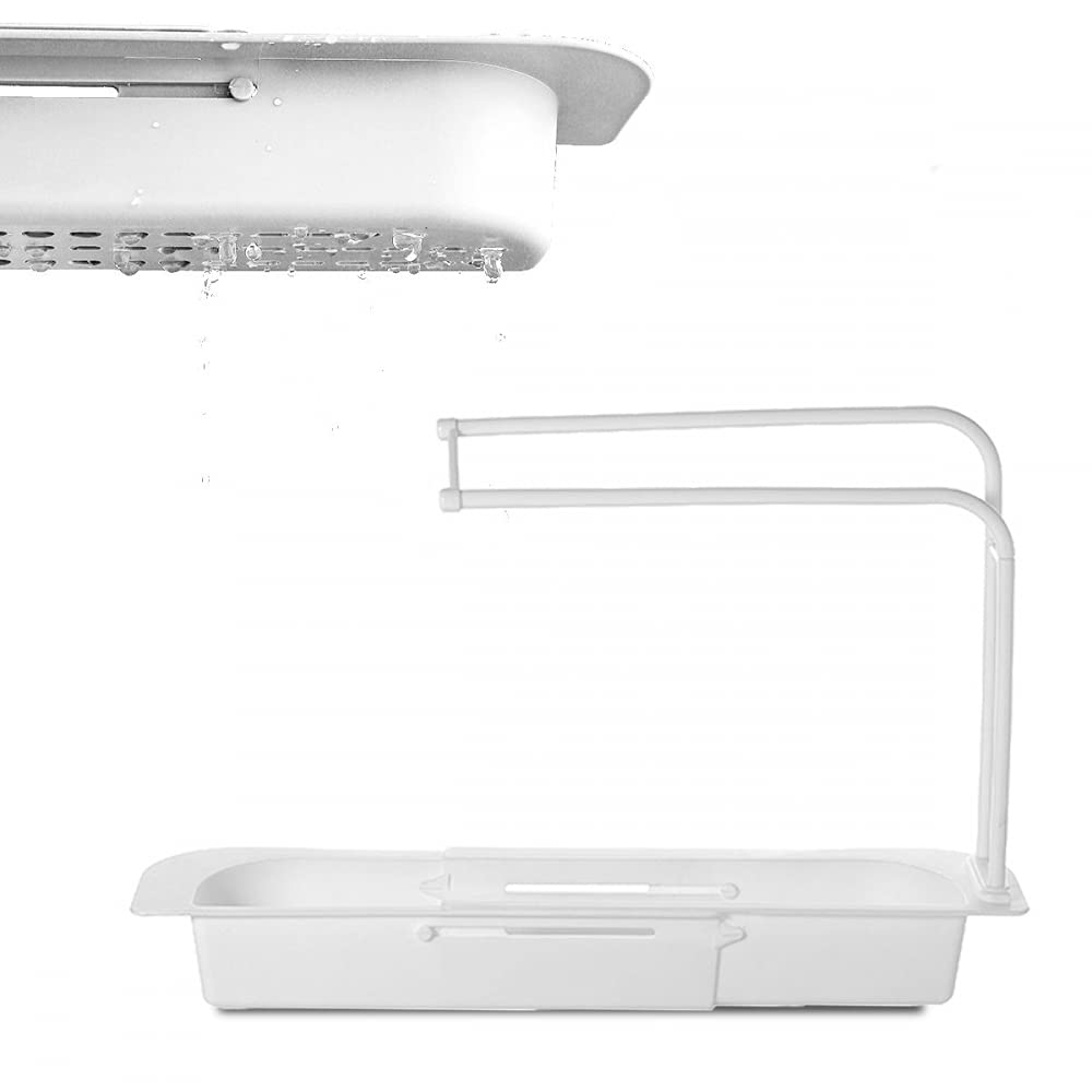 Expandable Dish Drying Rack for Kitchen Sink - Adjustable Drainer Sink Tray with Soap Holder | Telescopic Storage Basket for Dishes & Utensils | Perfect for Small Spaces & Countertop Organization (White)