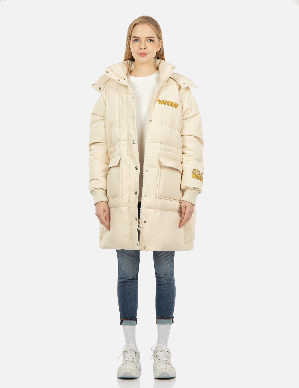 EVISU Men's Corduroy Down Jacket with Embroidery - Warm Winter Coat for Outdoor Activities and Casual Wear