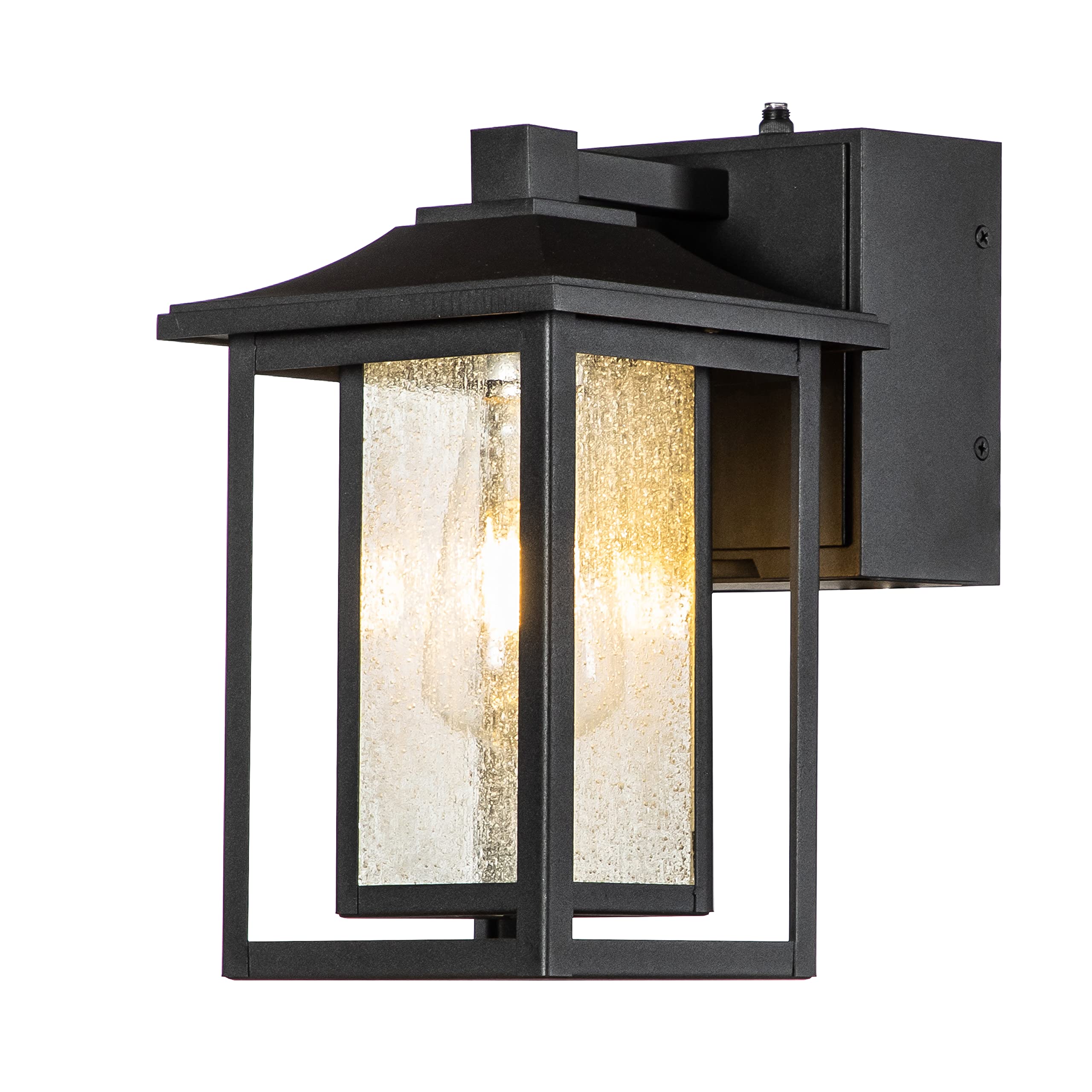 Black Outdoor Wall Light with Dusk to Dawn Sensor & Motion Detection - Seeded Glass Porch Light Fixture with GFCI Outlet - Perfect for Garage, Garden, Patio & Front Porch Security Lighting