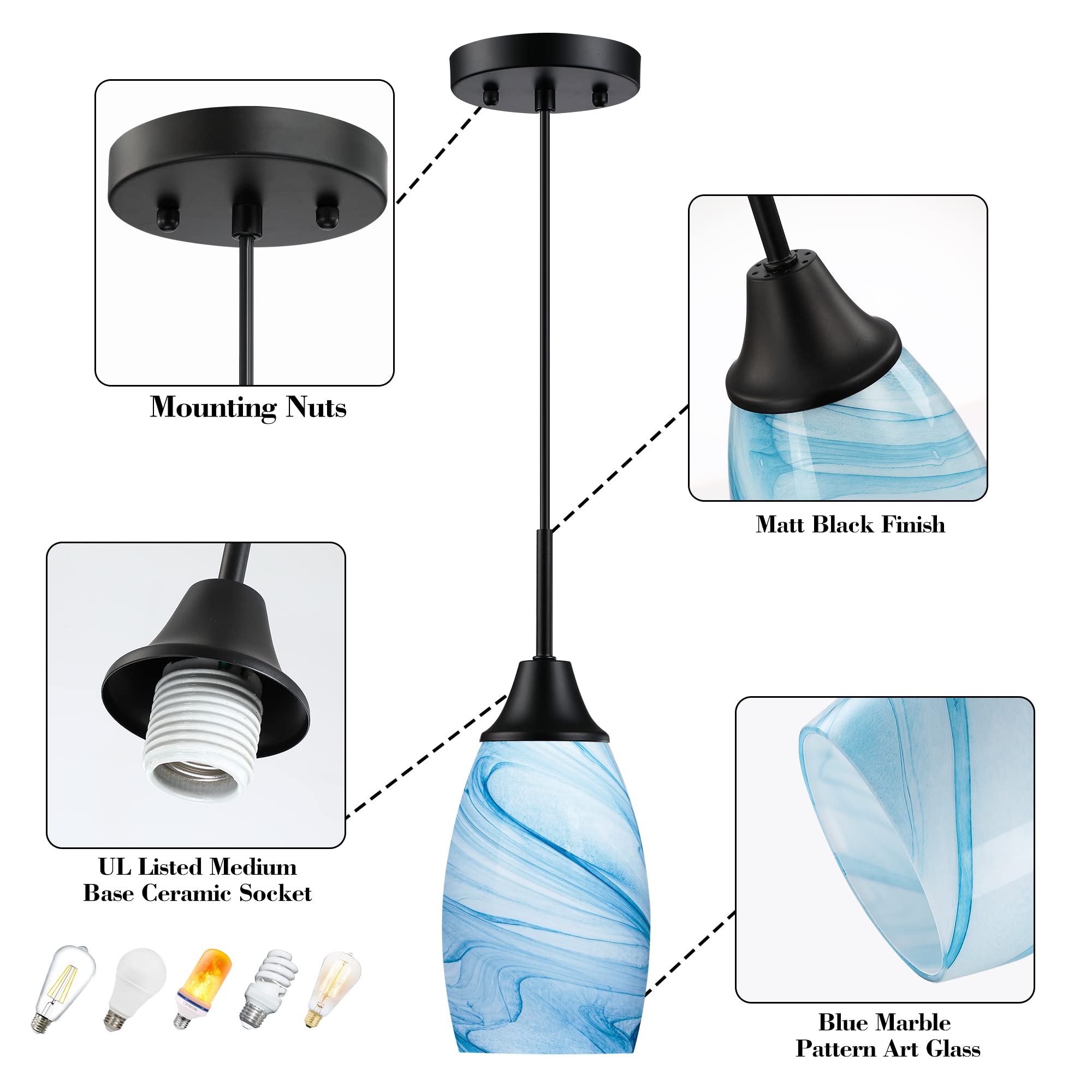 Viinew 3-Pack Mini Blue Marble Glass Pendant Light - 4.72
