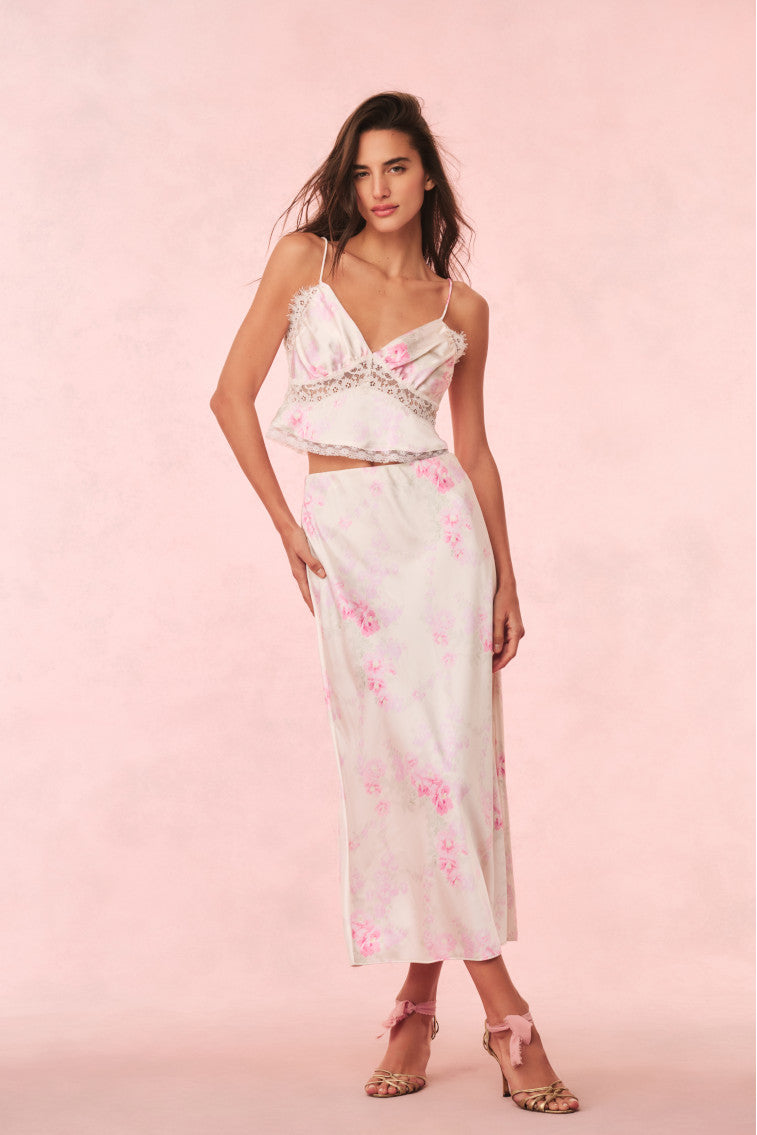 Elegant Castle Satin Floral Maxi Skirt for Women - Boho Summer Beach Dress with Side Slit, Perfect for Vacations, Weddings & Date Nights