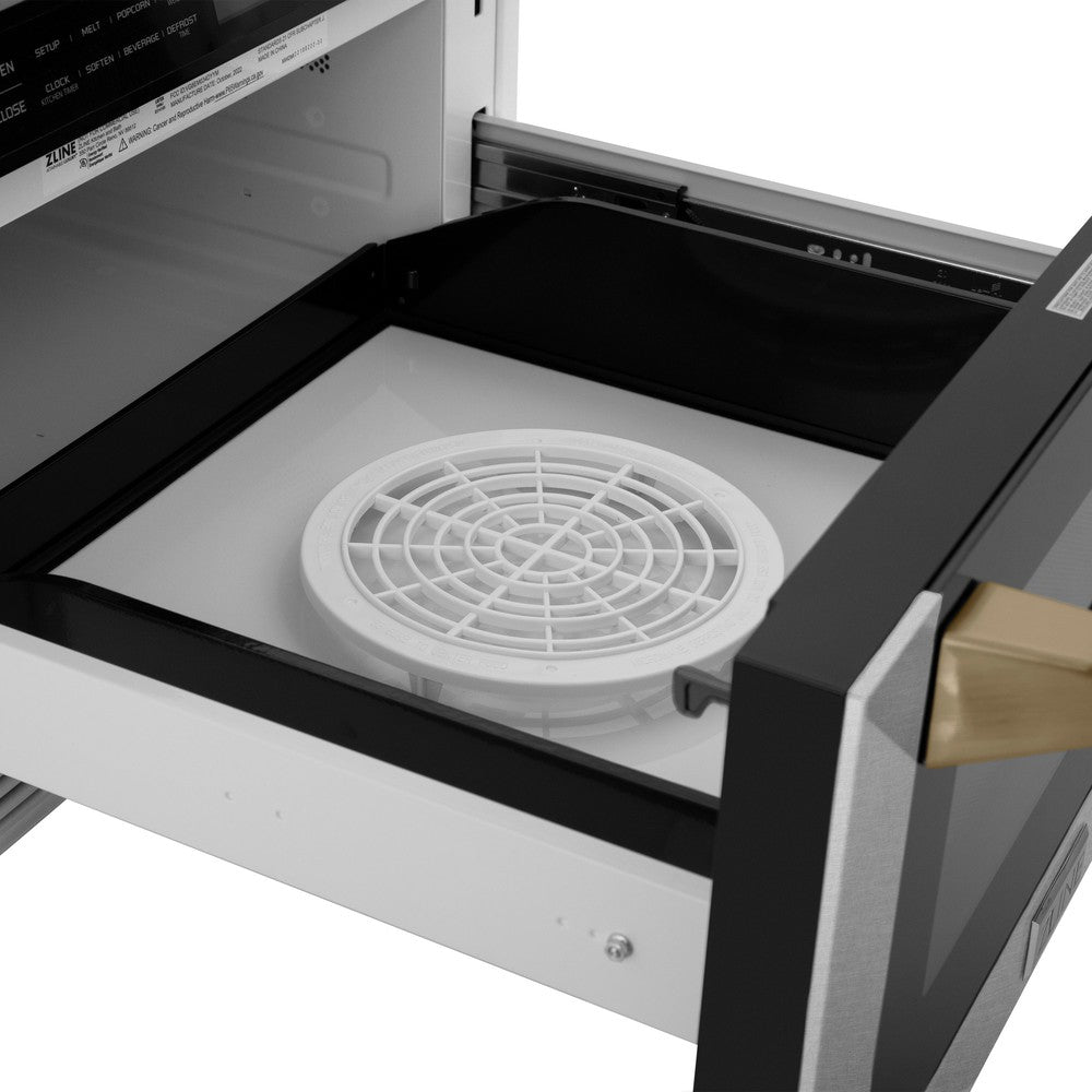 ZLINE Autograph Edition 24 Inch Built-In Microwave Drawer - 1.2 cu ft Capacity, Satin Stainless Steel with Champagne Bronze Accents, Traditional Handle (MWDZ 1 SS H CB) - Perfect for Modern Kitchens, Luxury Homes, and Gourmet Cooking Spaces