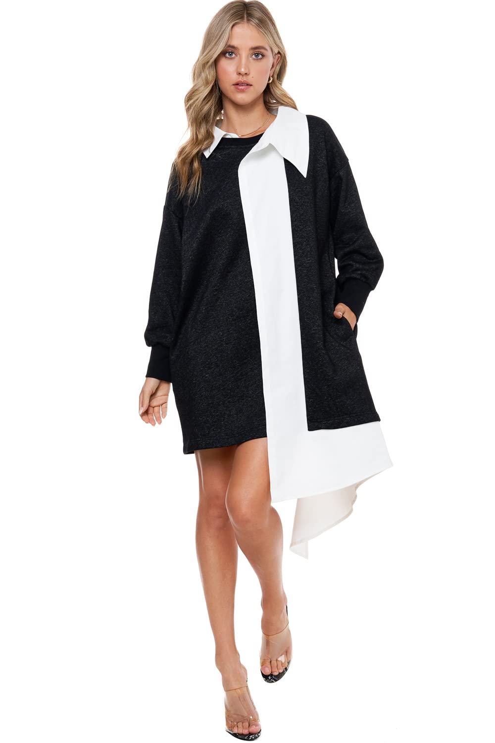 Tov Twofer Knit Long Sleeve Shirt Dress for Women - Casual Stretchy Comfortable Tunic Top with Pockets | Perfect for Work, Date Night & Everyday Wear