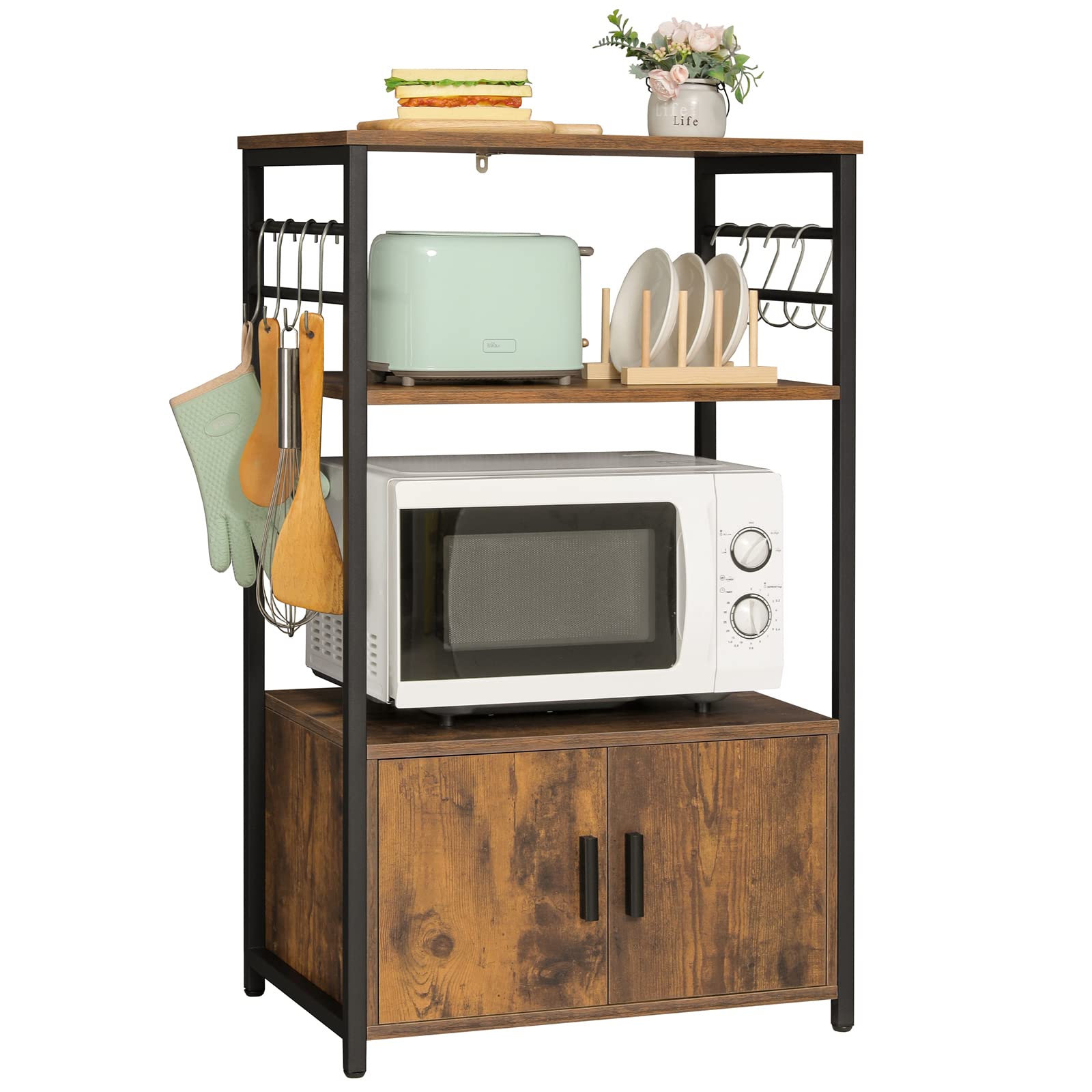 IWELL 3-Tier Industrial Kitchen Baker's Rack with Cabinet & 8 S-Hooks - Rustic Brown Utility Storage Shelf, Microwave Stand for Small Spaces - Perfect for Kitchen Organization, Pantry Storage & Dining Room Decor