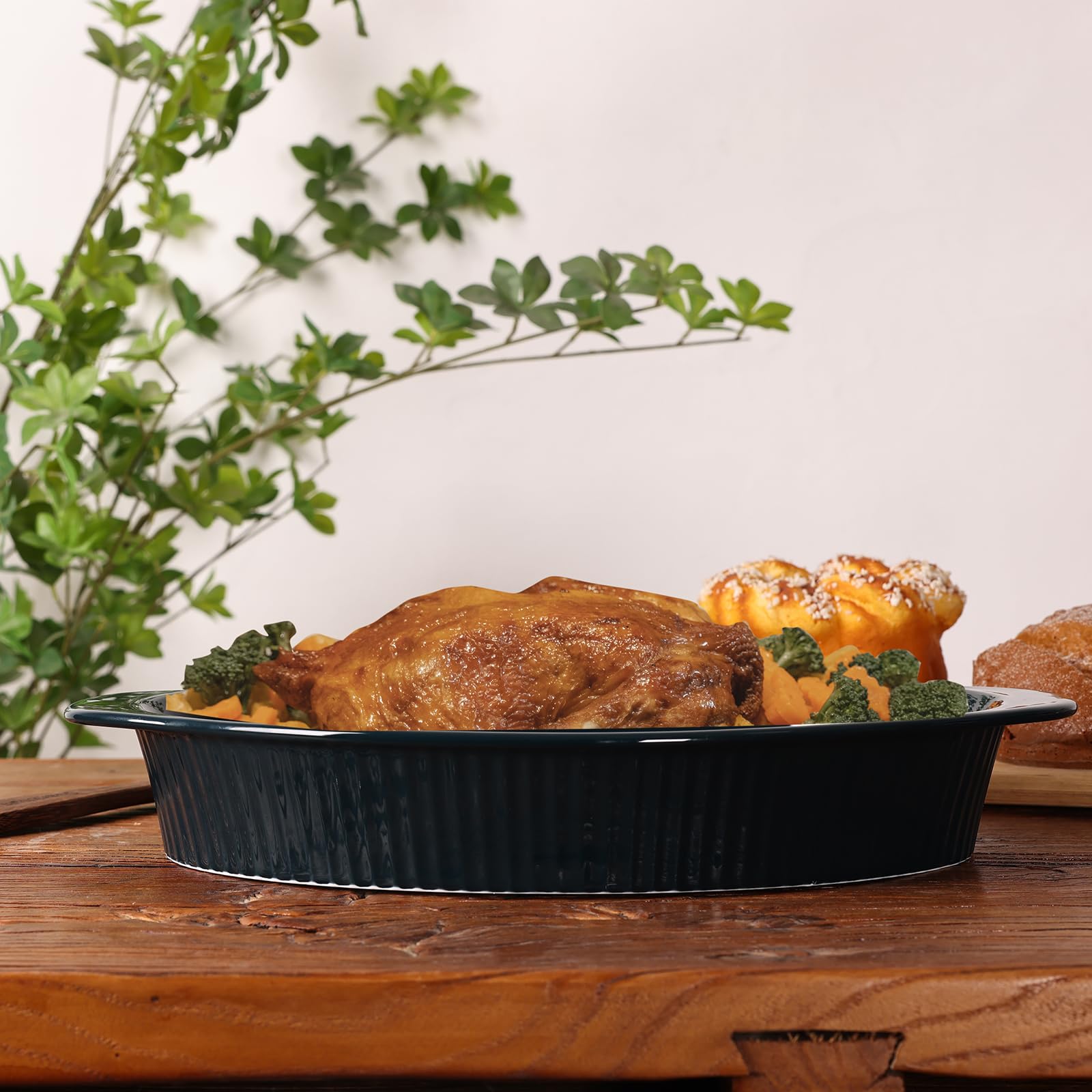LEETOYI 9x13 Inch Large Oval Porcelain Au Gratin Baking Dish - Double Handle Oven Safe Bakeware for Casseroles, Lasagna, Mac & Cheese - Perfect for Home Kitchen, Dinner Parties & Holiday Meals (Navy Blue)
