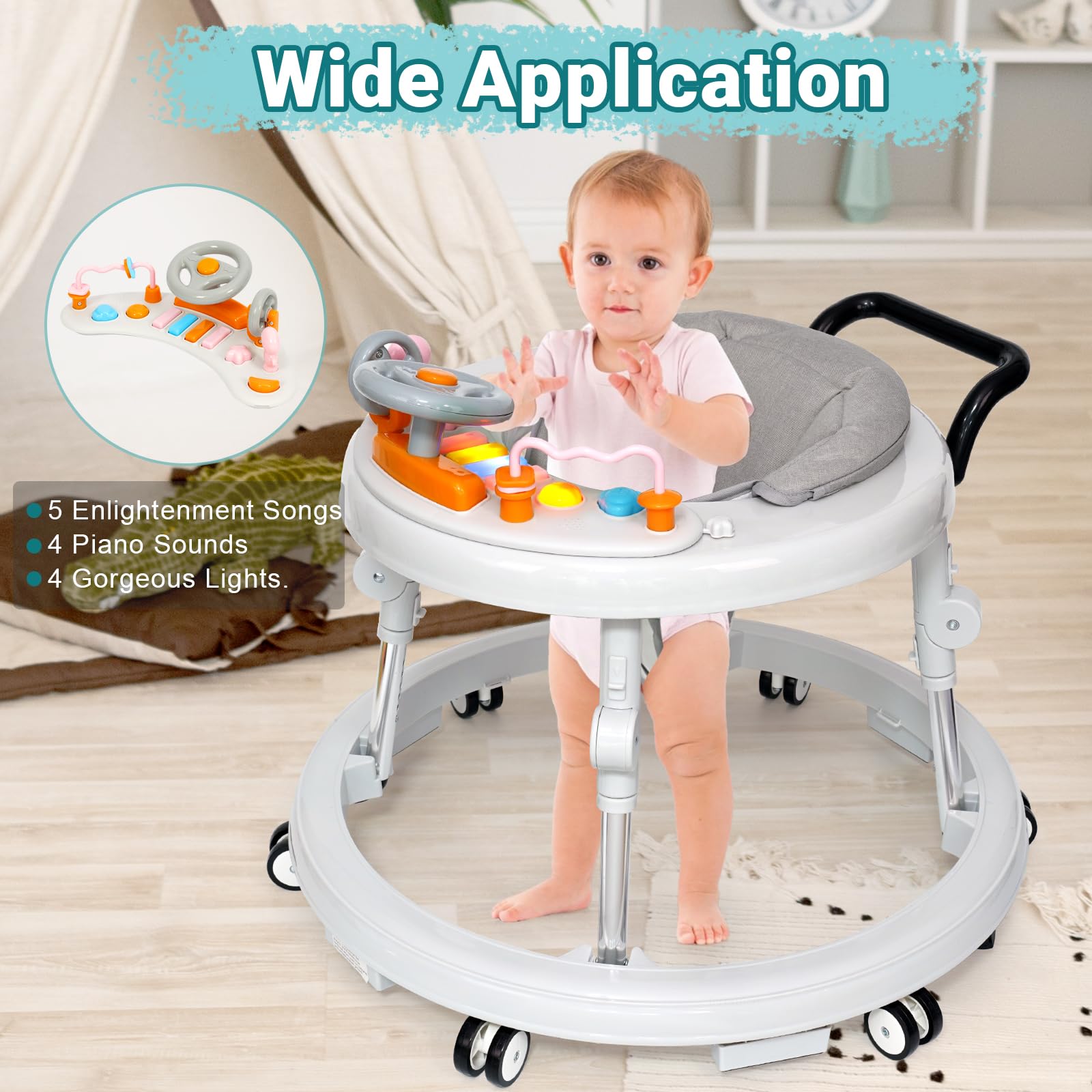 Foldable Baby Walker with Music & Lights - 9 Adjustable Heights, Wheels & Activity Center for Boys & Girls 7-18 Months (White) | Portable Learning Walker for First Steps & Indoor Play