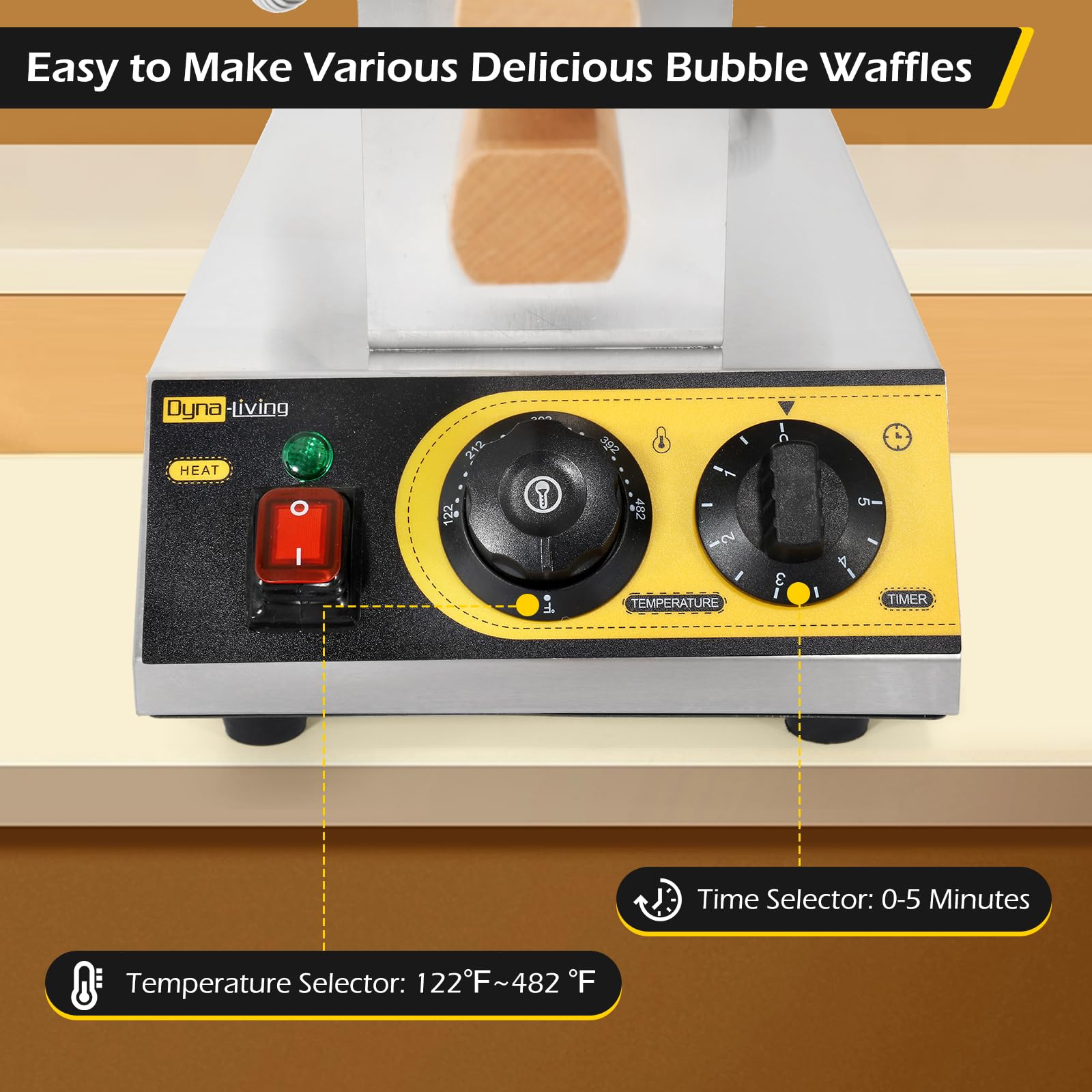 Dyna-Living 1400W Commercial Bubble Waffle Maker - Electric Stainless Steel Egg Waffle Machine with 180° Rotation & Non-Stick Coating - Perfect for Restaurants, Cafes & Home Breakfast (Hong Kong Style Egg Puff)