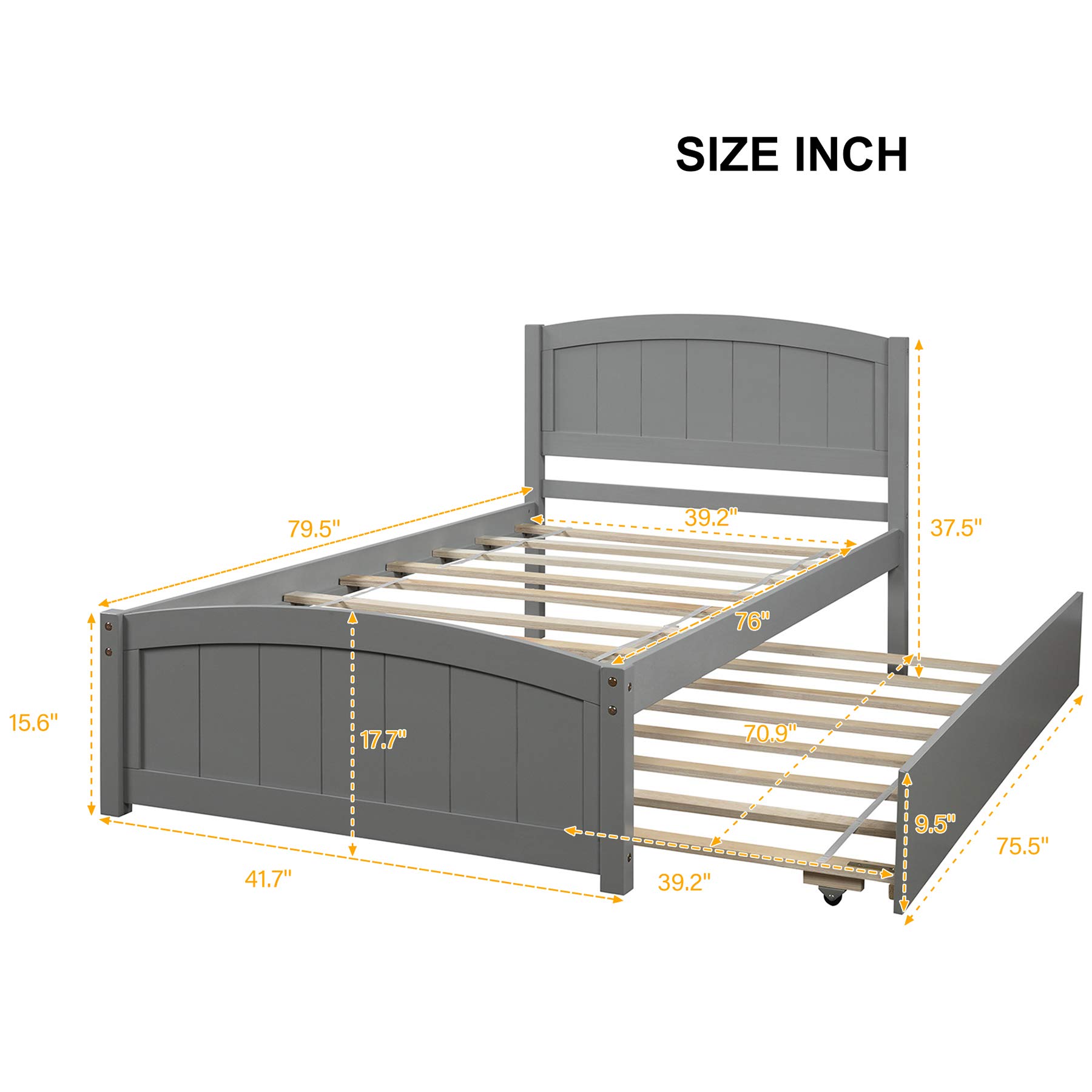 Merax Twin Size Wooden Platform Bed Frame with Trundle - No Box Spring Needed, Gray - Perfect for Small Bedrooms, Guest Rooms & Kids' Rooms
