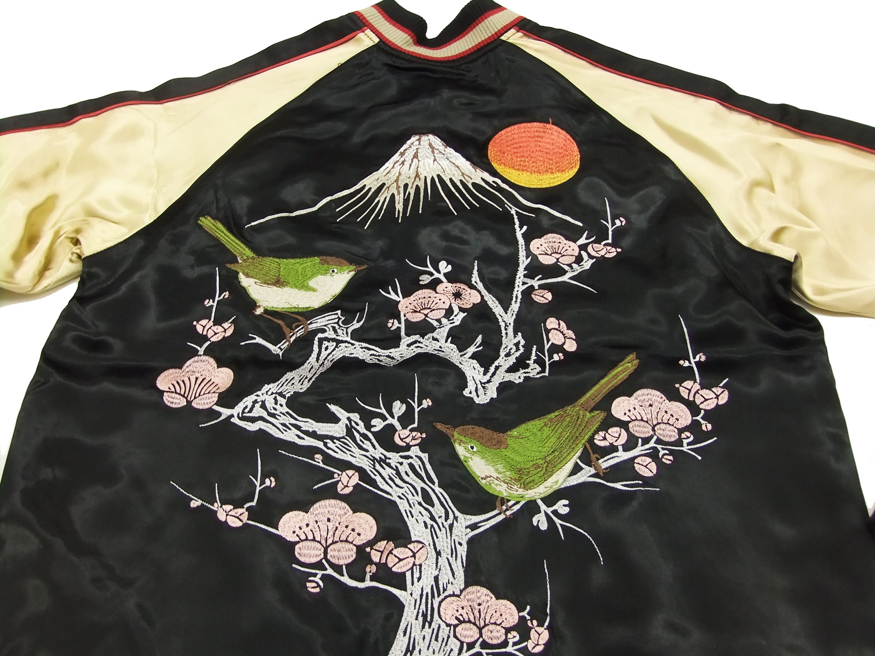Japanese Souvenir Jacket for Men - Black & Gold Embroidered Ume & Bird Design | Vintage Sukajan Bomber Jacket | Perfect for Streetwear, Cosplay & Fashion Outfits