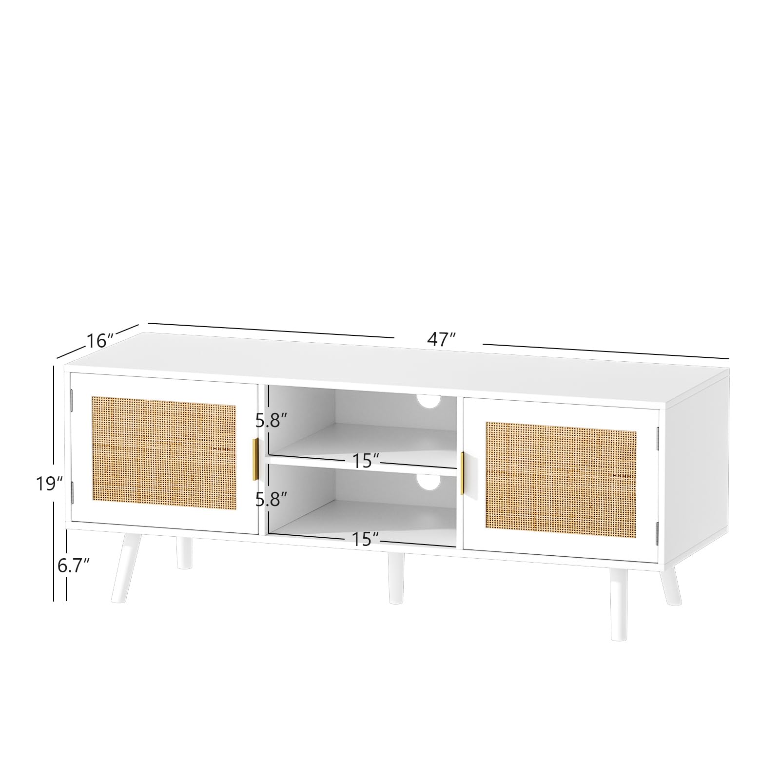 Anmytek 55 Inch Farmhouse Rattan TV Stand - Mid Century Modern Entertainment Center with Storage Cabinet, Wood Media Console for Living Room, Bedroom & Office - White H0055