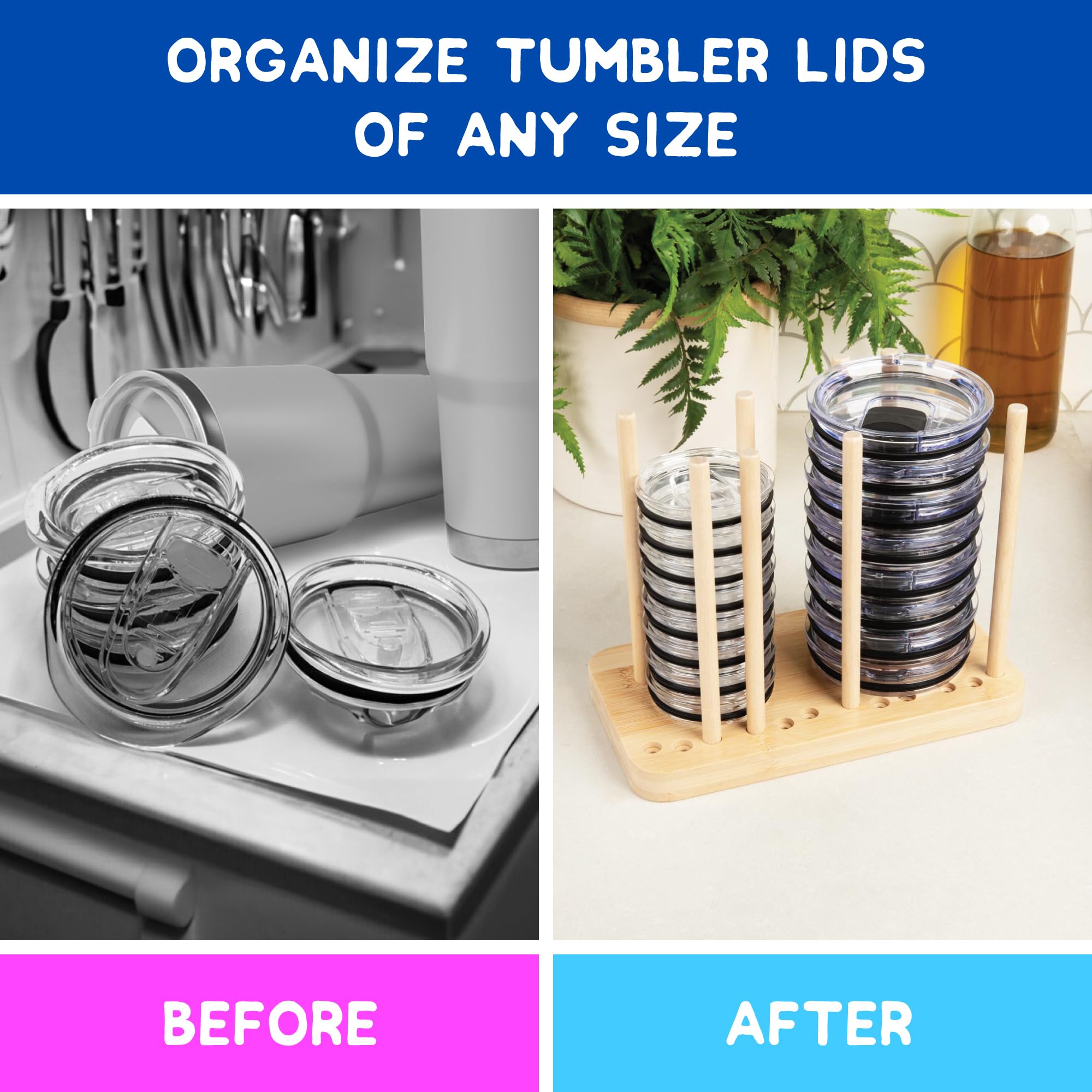 Adjustable Bamboo Tumbler Lid Organizer - 20-Lid Capacity Cabinet Organizer for YETI, Hydro Flask & Water Bottles - Space Saving Kitchen Storage Solution - Perfect for Pantry, RV & Small Spaces