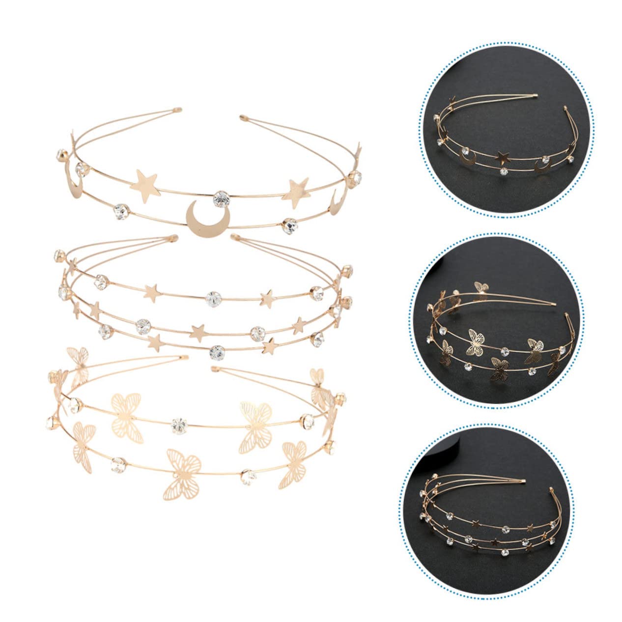 POPETPOP 15 Pcs Star Moon Headband - Rhinestone Bridal Hair Hoops, Double Row Metal Headbands for Women & Girls - Perfect for Weddings, Prom, Cosplay & Special Occasions